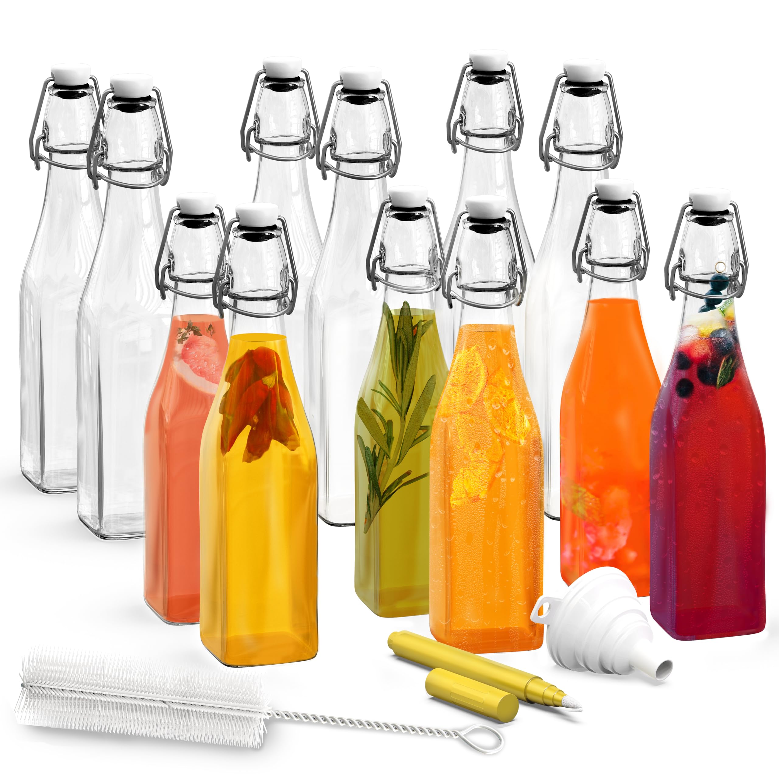 Nevlers 17 Oz Square Swing Top Glass Bottles with Airtight Lid | Flip Top Glass Bottle with Stopper 12 Pack | Empty Beer Bottles for Home Brewing | Complete Bottling Kit for Syrups, Dressings & More
