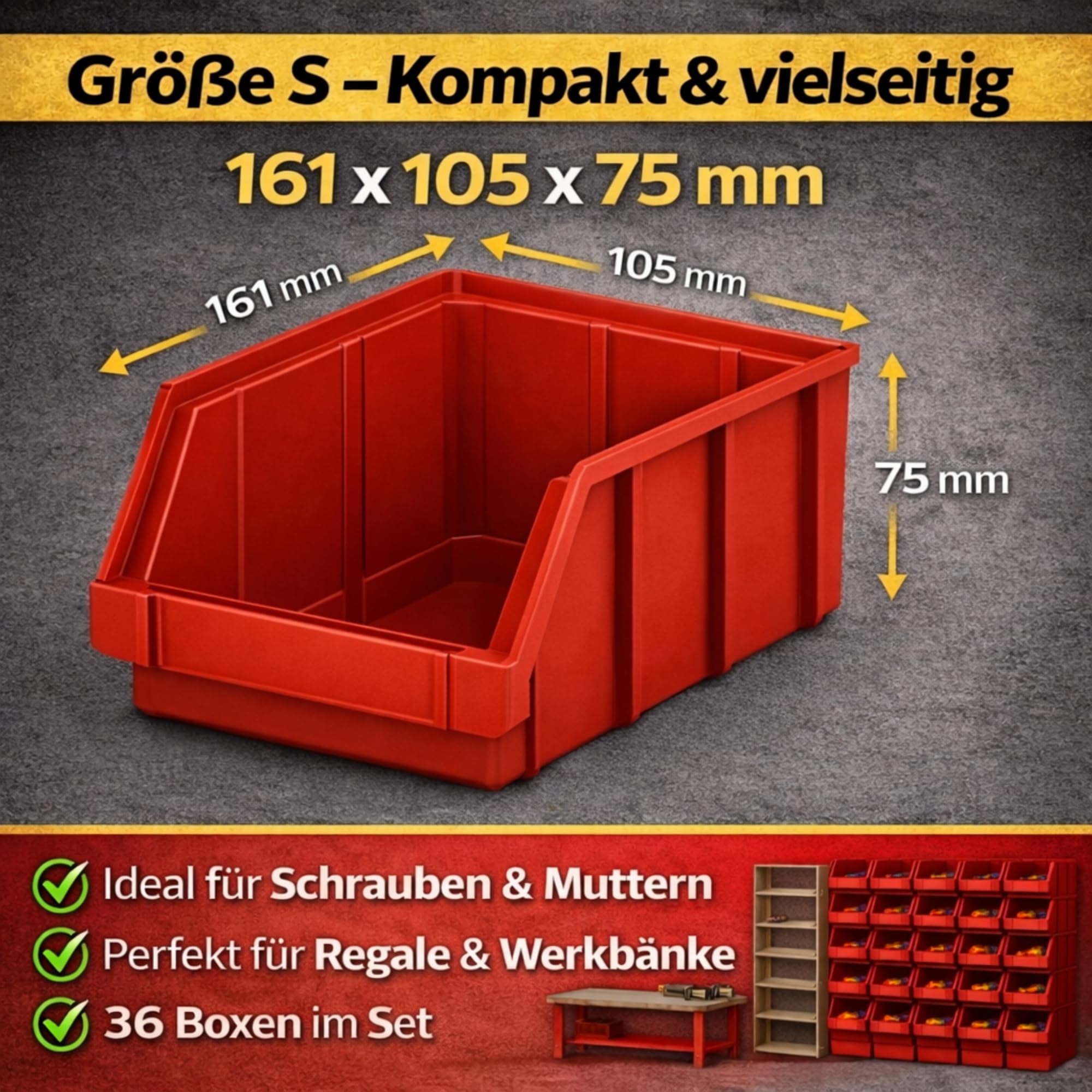RODOPI 36er Set Stapelboxen, Größe S | Sichtlagerkästen 161x105x75mm | Robuste Lagerboxen für Werkstatt, Garage, Keller | Aufbewahrungsboxen für Kleinteile Rot
