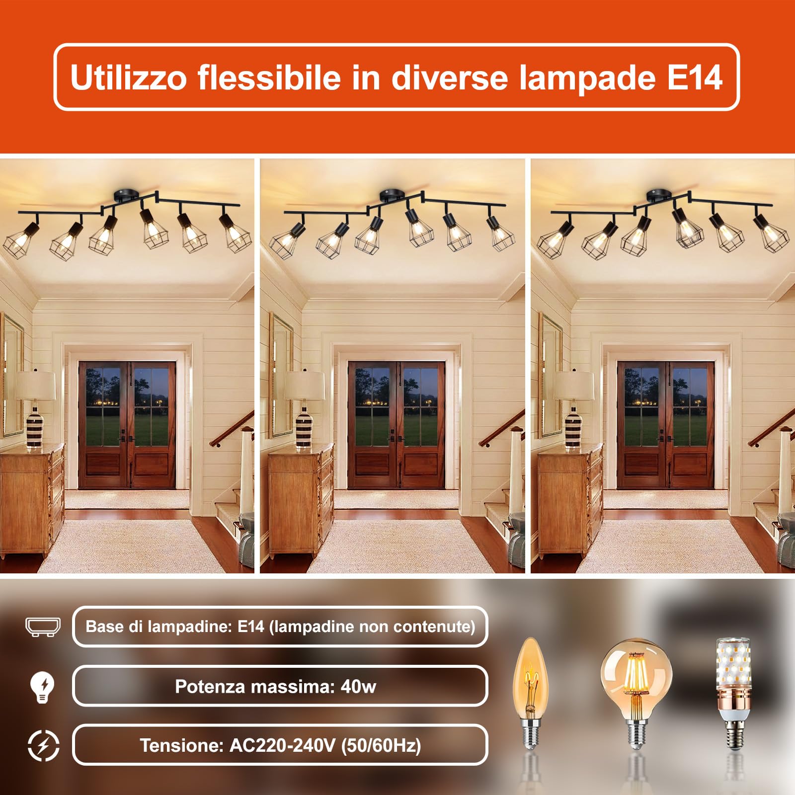 Lampada Bagno Soffitto 6 Faretti Orientabili Nero, Base E14 Gabbia Metallica Industriale, Lampadario Vintage per Soggiorno, Camera, Bagno (Senza Lampadine)