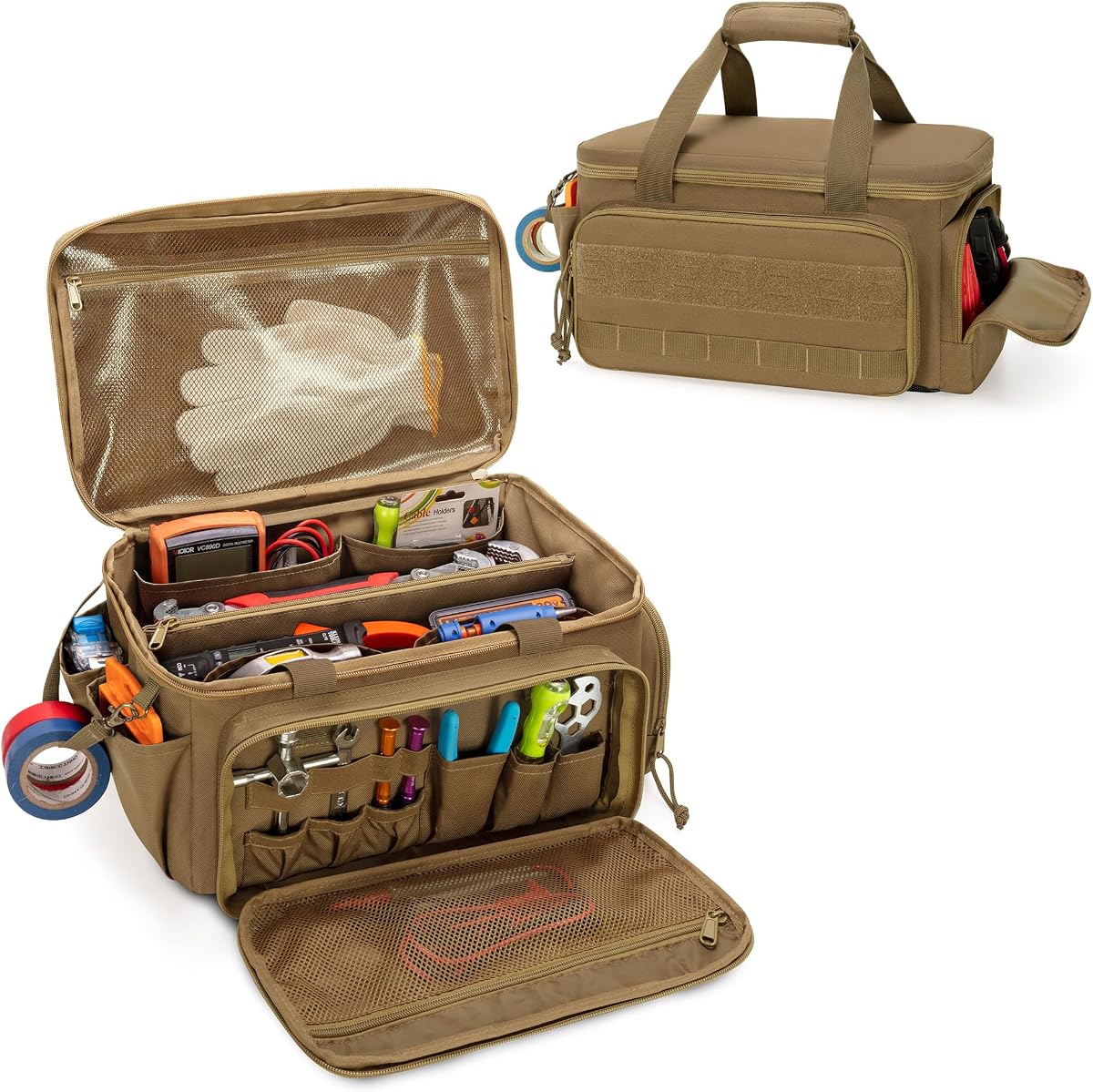 Rexmica 14-Inch Tool Bag Tool Storage Organizer Tactical Range Bag, Khaki | Anti-friction Bottom, Hand Tool Organizer for Men, Multi-purpose Work Bag for Repairman, Carpenters & Handyman