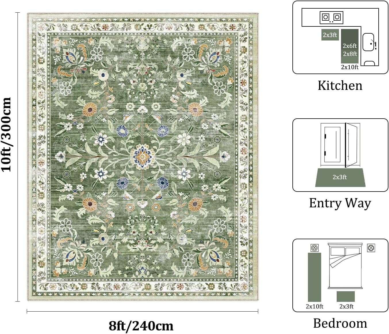 Yamaziot Washable Area Rug 8x10 – Large Non-Slip Boho Floral Living Room Rug with Rubber Backing, Low Pile Distressed Carpet for Bedroom, Living Room, Dining Room, Green