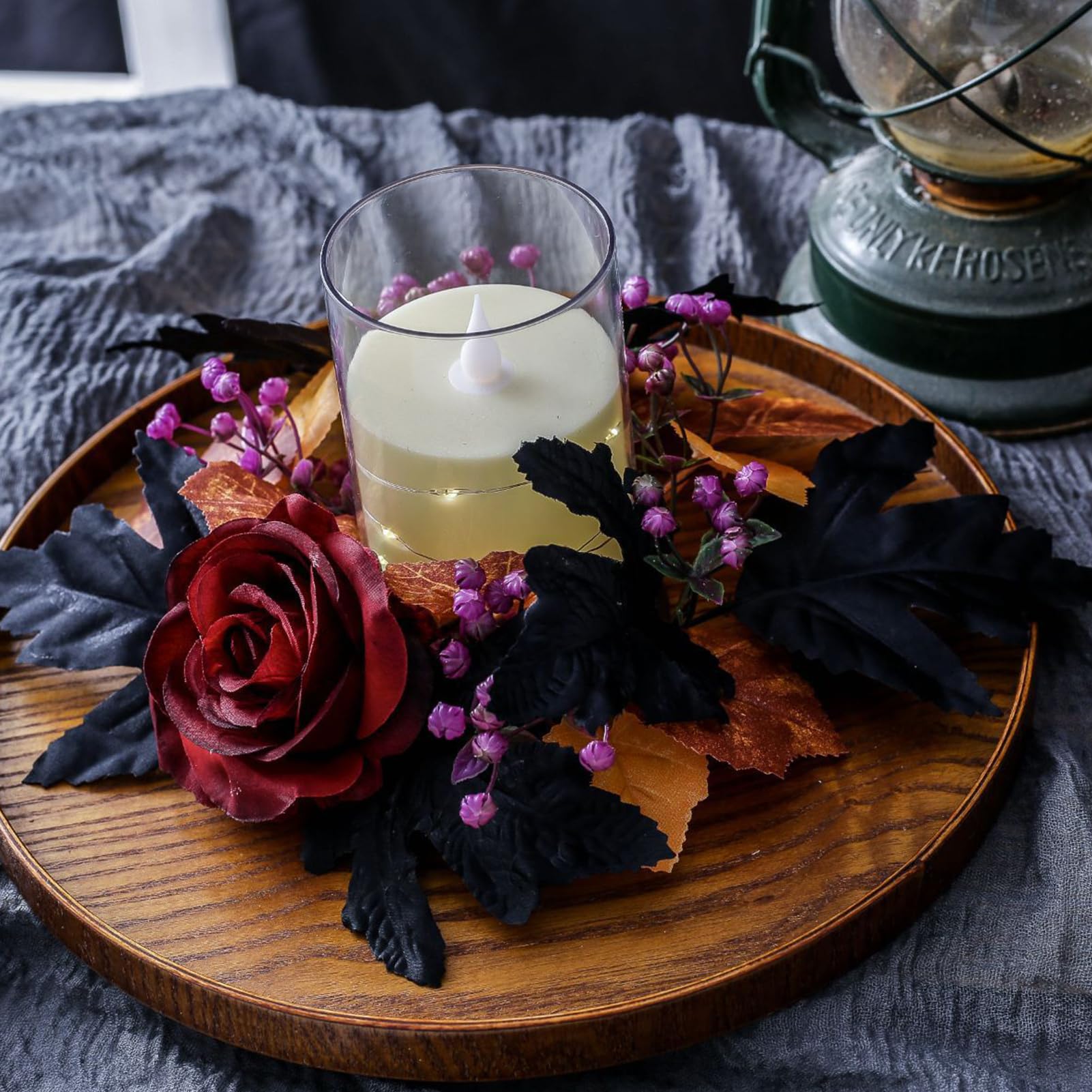 Anillos de Corona para Velas | Portavelas de Flores Artificiales para Columna - Centro de Mesa para Halloween Fiestas Cocina Chimenea