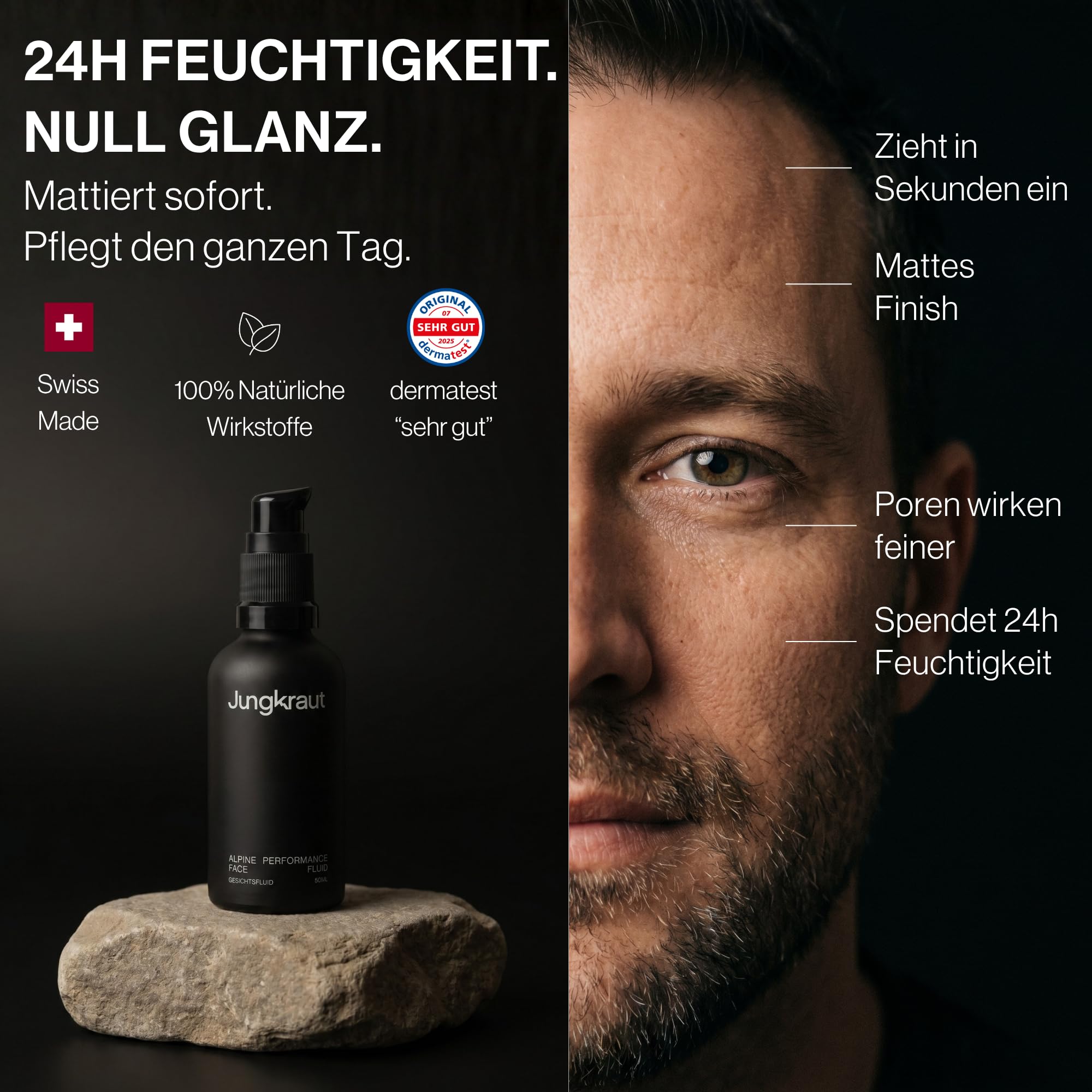 Alpine Performance Feuchtigkeitsfluid für Männer 50ml, Gesichtscreme mit Hyaluronsäure, 6 Wirkstoffe, Anti-Aging, 24h Feuchtigkeit, mattierend, ultraleicht, natürlich, Swiss Made