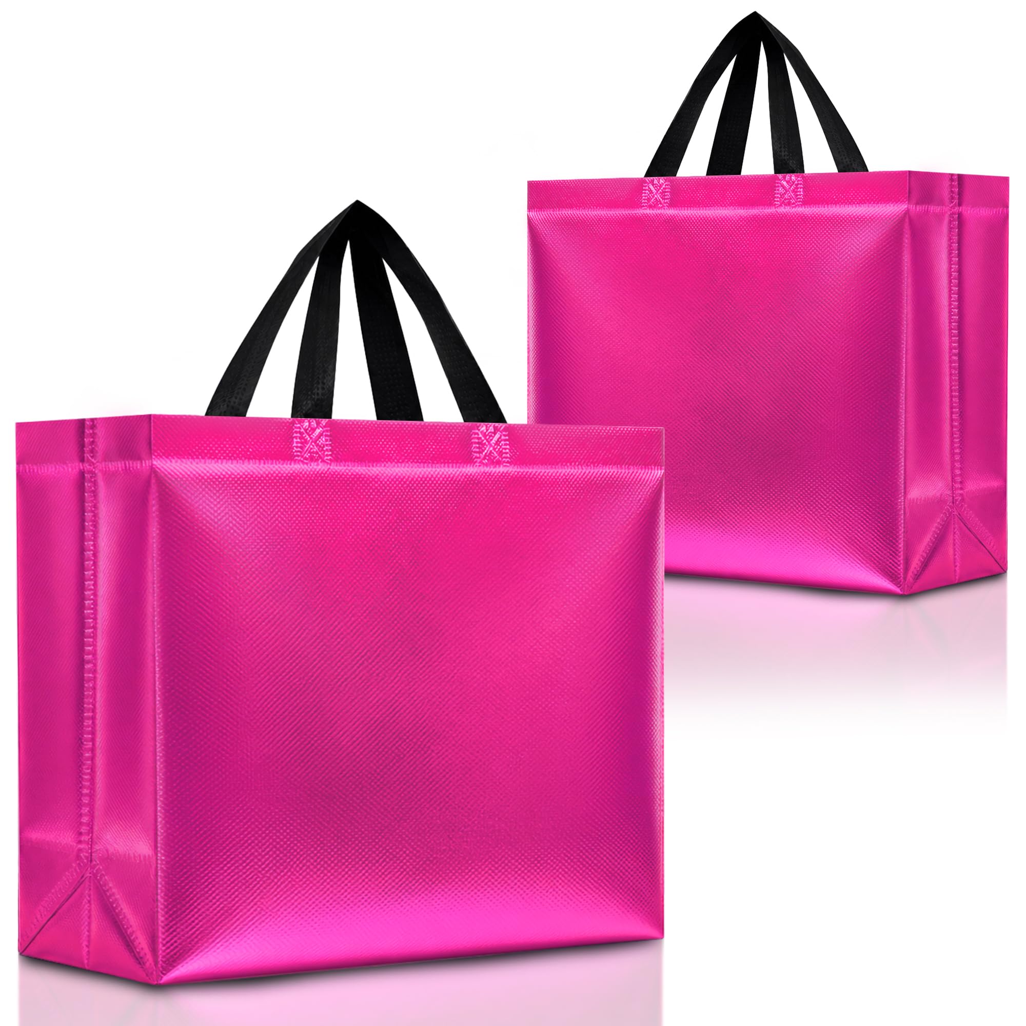 12 Hot Pink Gift Bags Set, Non-Woven Reusable Shiny Gift Bags with Glossy Finish - Ideal As Birthday Bag, Favor Bags bulk, Goodie Bags for Wedding, Birthday Party, Holdays -13x5x11"- Medium-Lar
