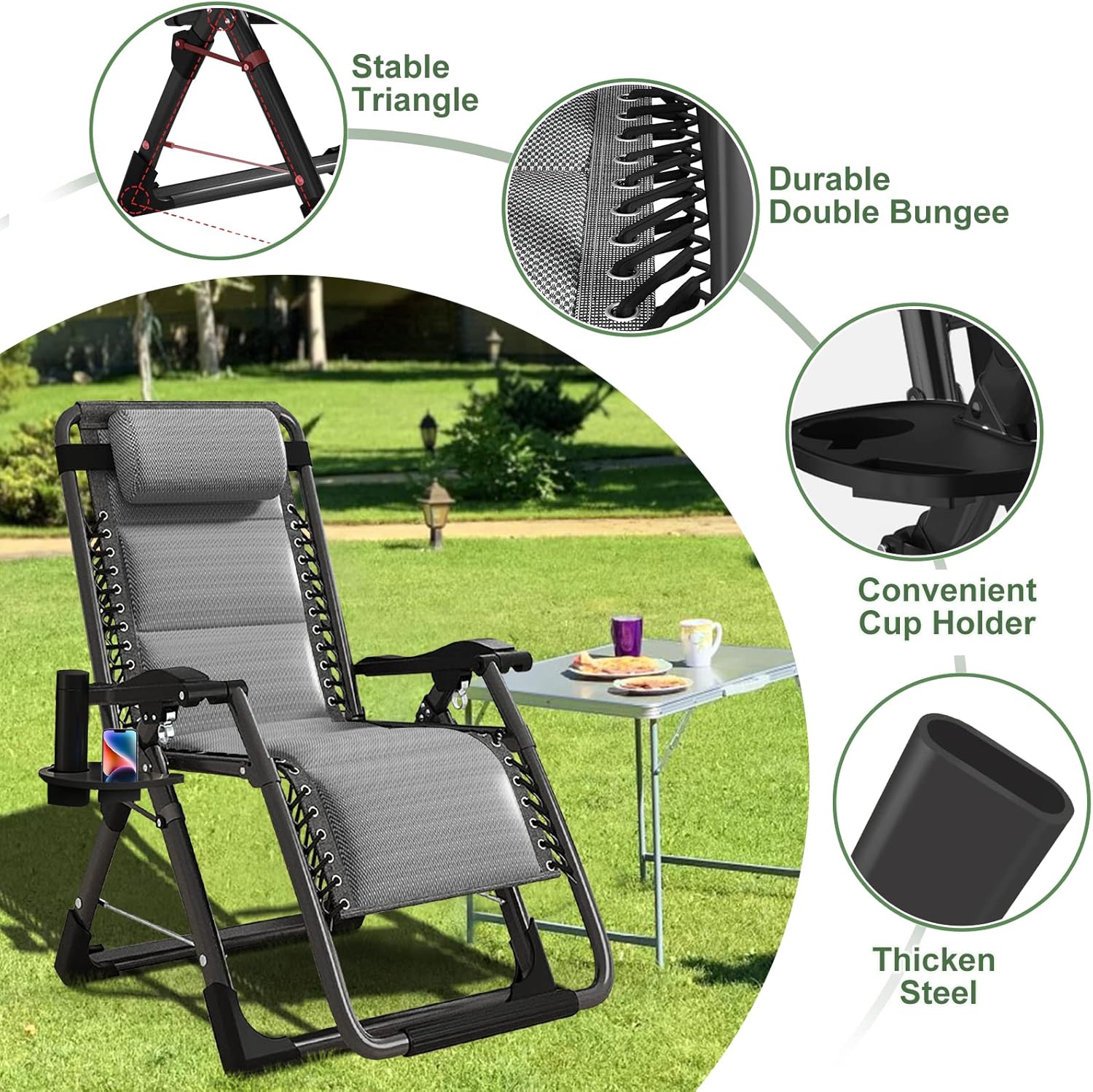 Barbella Zero Gravity Chair Reclining Lounge Chair Patio Chairs, Adjustable Lawn Recliner Folding Lounge Recliners with Removable Cushion, Headrest & Cup Holder, Ice Touch Silk Reclining Chair