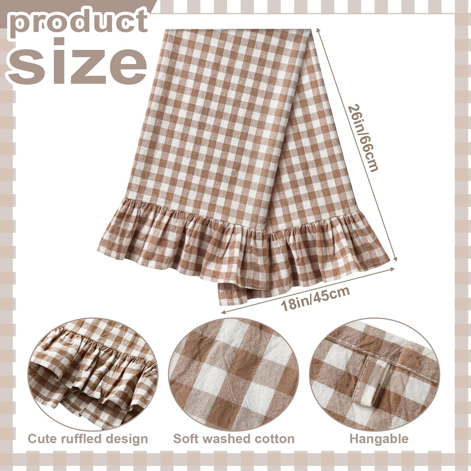 HunnmingRe Taupe Kitchen Towels Set of 2, 100% Cotton Ruffled Gingham Dish Towels 18"x28" Absorbent Tea Cloths Classic Plaid Pattern for Farmhouse Charm, Drying Dishes, Entertaining Guests