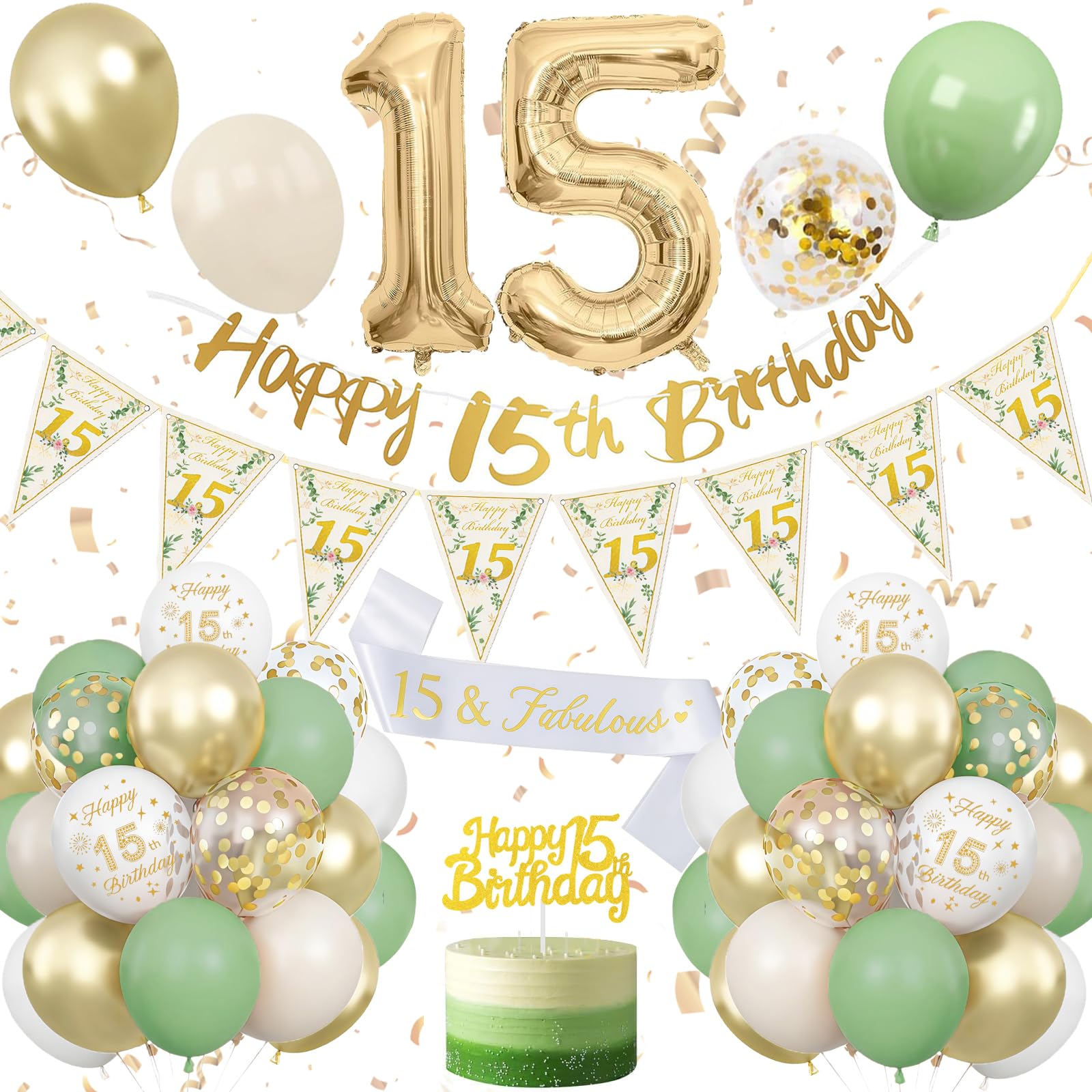 15th Birthday Decoration Sage Green, Green White Gold Birthday Decorations for 15 Year Old, Number 15 Balloons with Banner, Cake Decoration for Boy and Girl, 15 Year Old Birthday Decoration