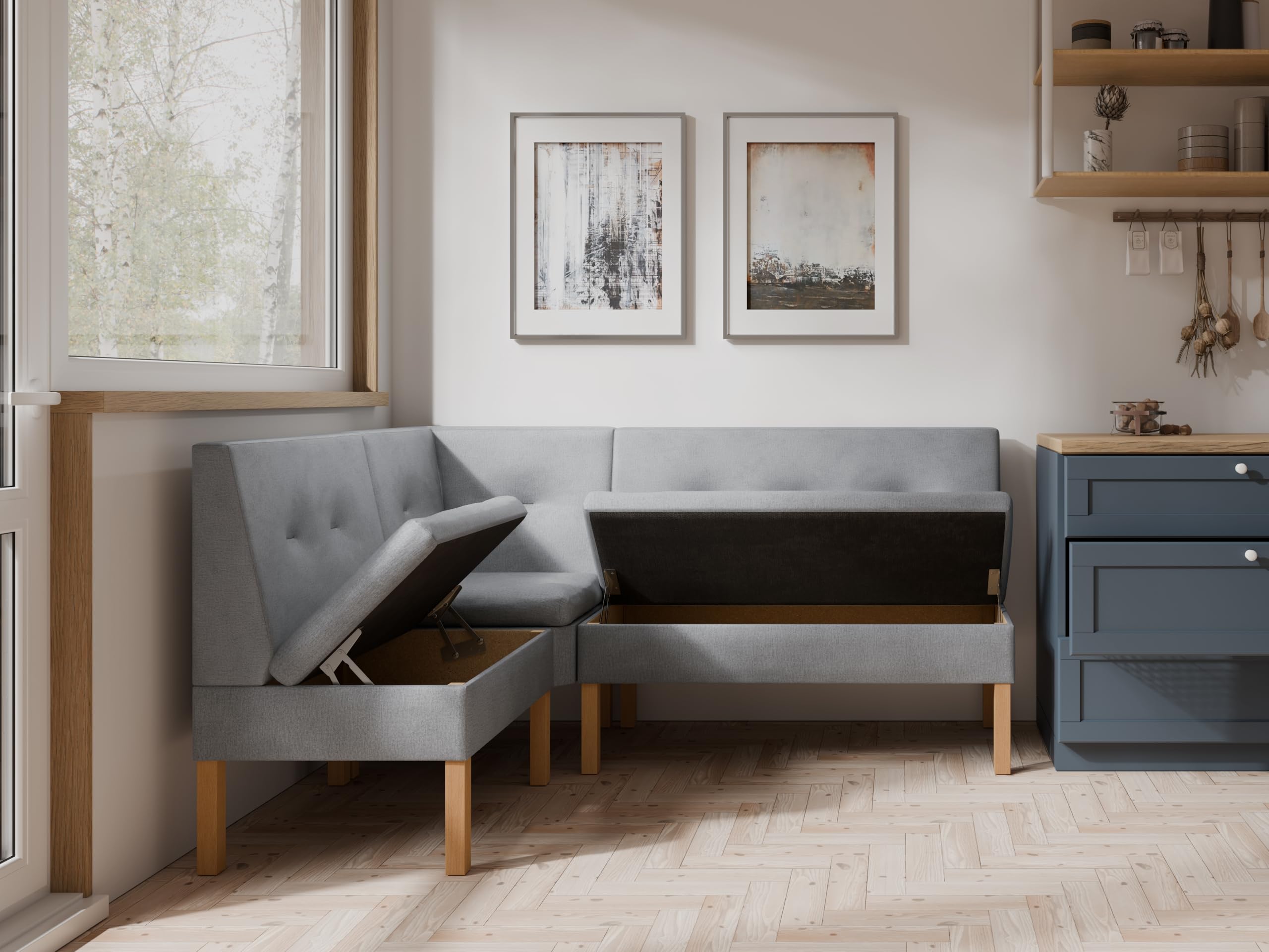 Eckbank fur Essizmmer - Eckbank Küche mit Aufbewahrungsbehälter - Modern Sitzecke Küche - Stoff Velours - gepolsterte Rückenlehne - Grün - Monolith 37-130x170 cm