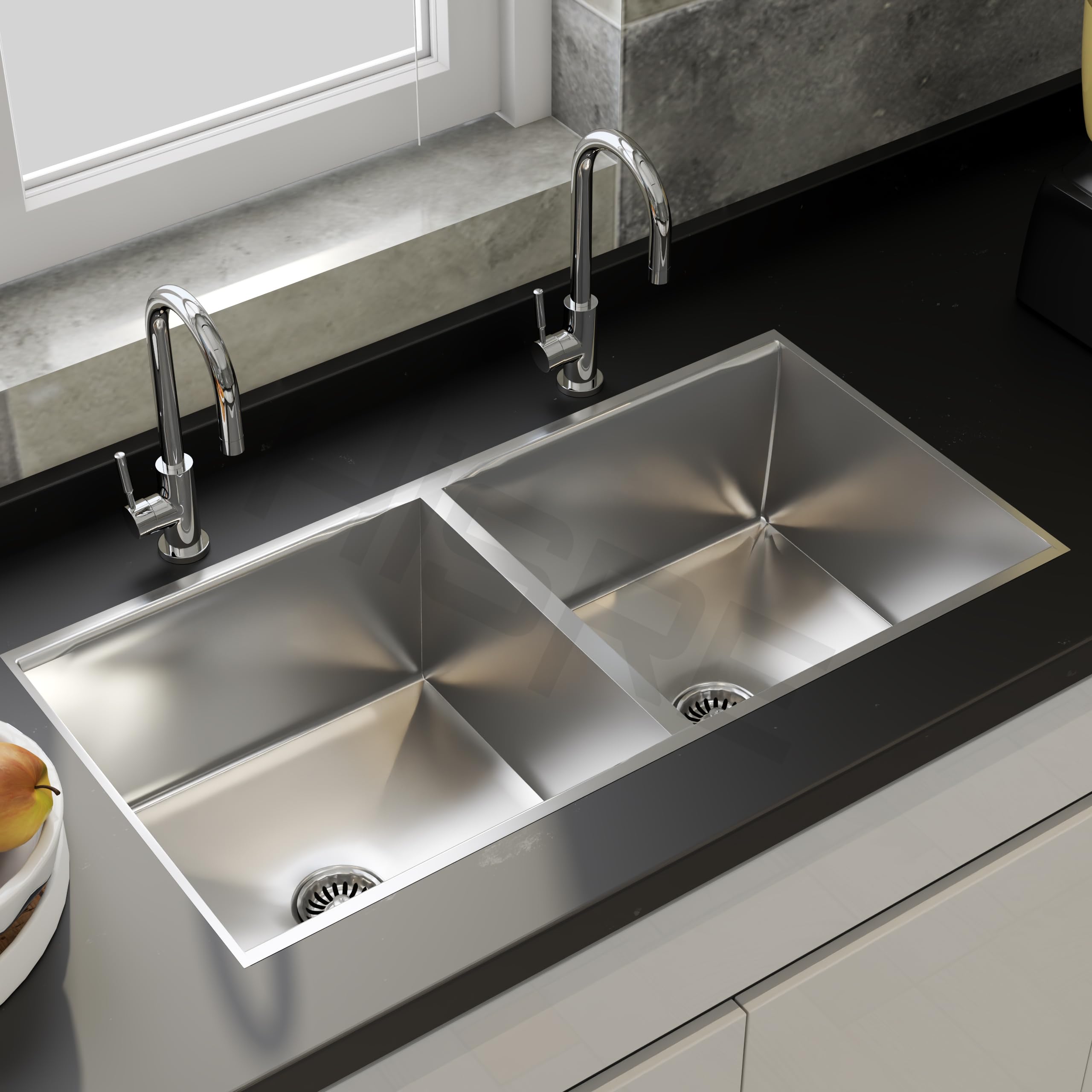 Hisre Double Bowl Kitchen Sink | Quartz & Stainless Steel, Deep, Durable, Rust & Scratch Resistant, Easy-to-Clean, Modern Design – 37x18x9", Ideal for Contemporary Kitchens, photo 3 of 5
