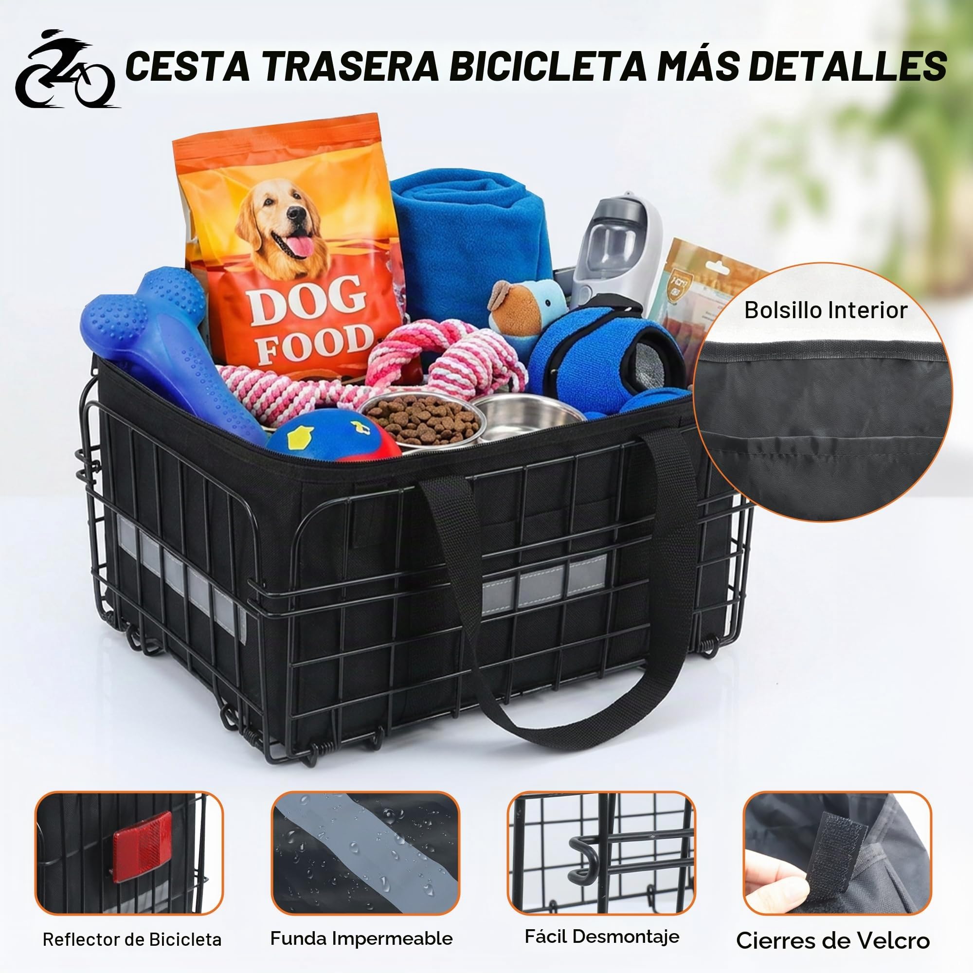 Wdmiya Cesta Trasera para Bicicleta, Cesta Plegable de Gran Capacidad con Red para Equipaje, Forro portátil y Funda Impermeable para IR al Trabajo