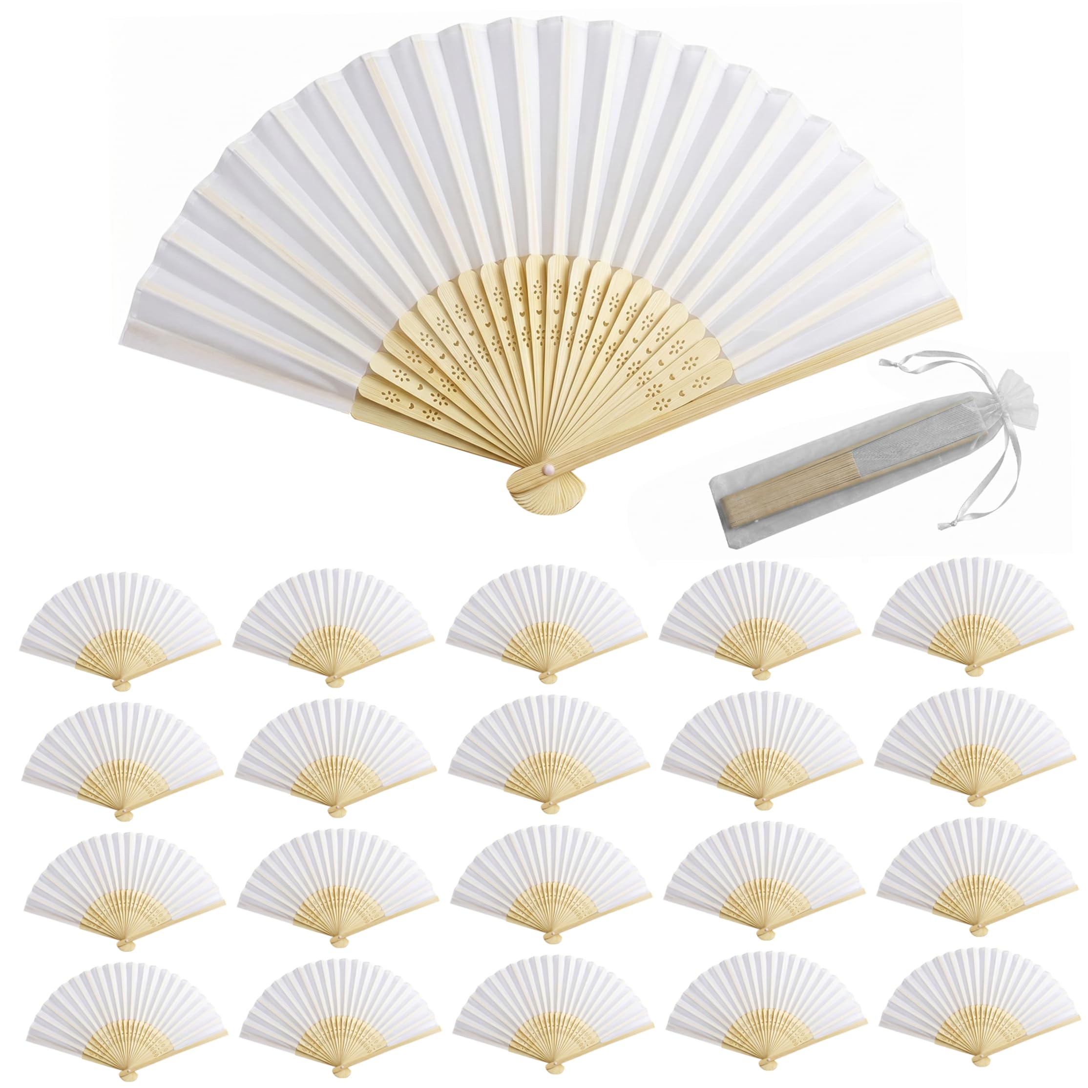 Bemonew Folding Fans Handheld 20 Pack Fans Bulk, Elegant Wedding for Guests Handheld Foldable Silk-Like with Bamboo Handles & Storage Bag for Wedding, White