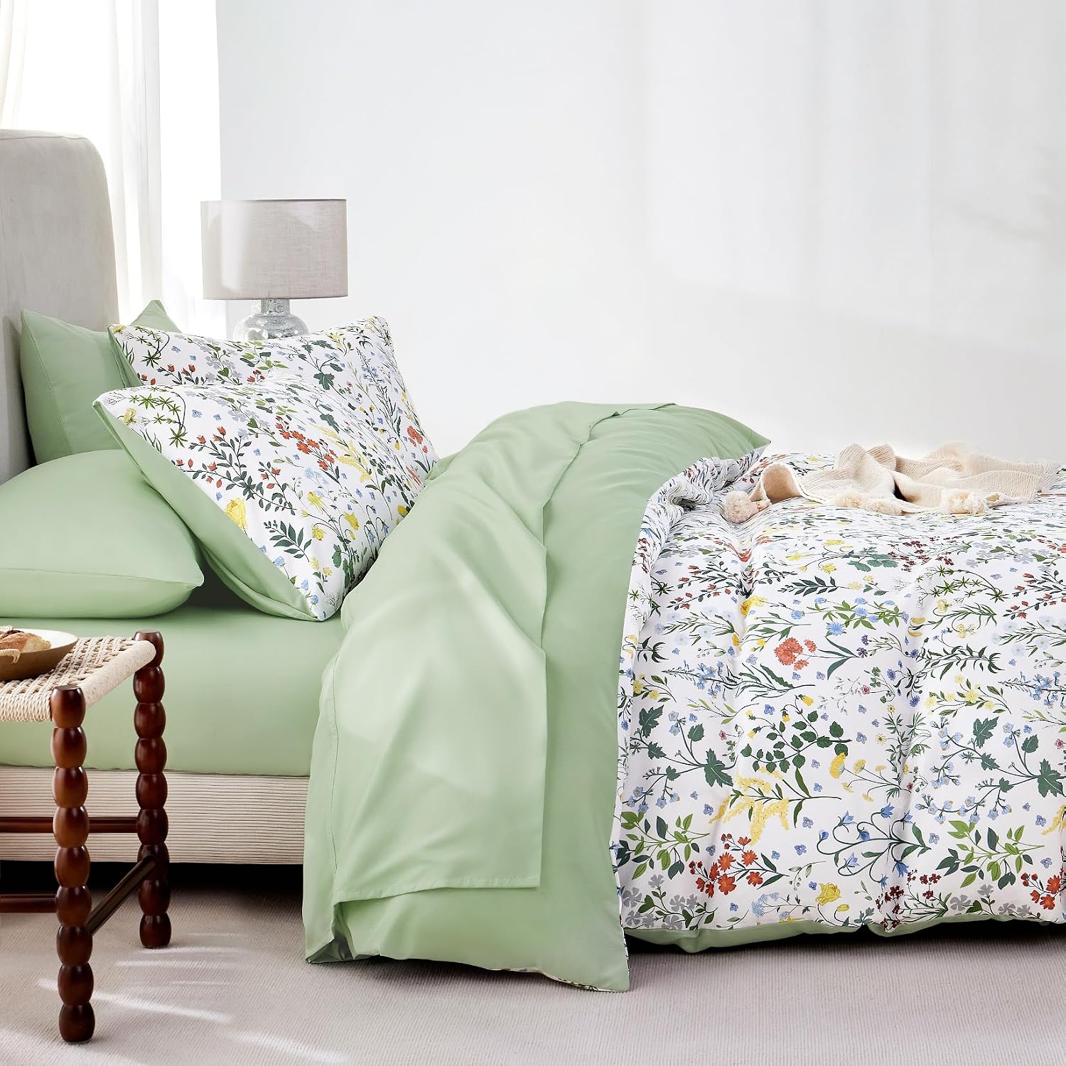 Wake In Cloud - Floral Duvet Cover Set, Shabby Chic Cottage Garden Botanical Flower Style with Elegant Wildflower Pattern, Soft Lightweight Bedding, 3 Pieces, Multicolor Green, Full Size