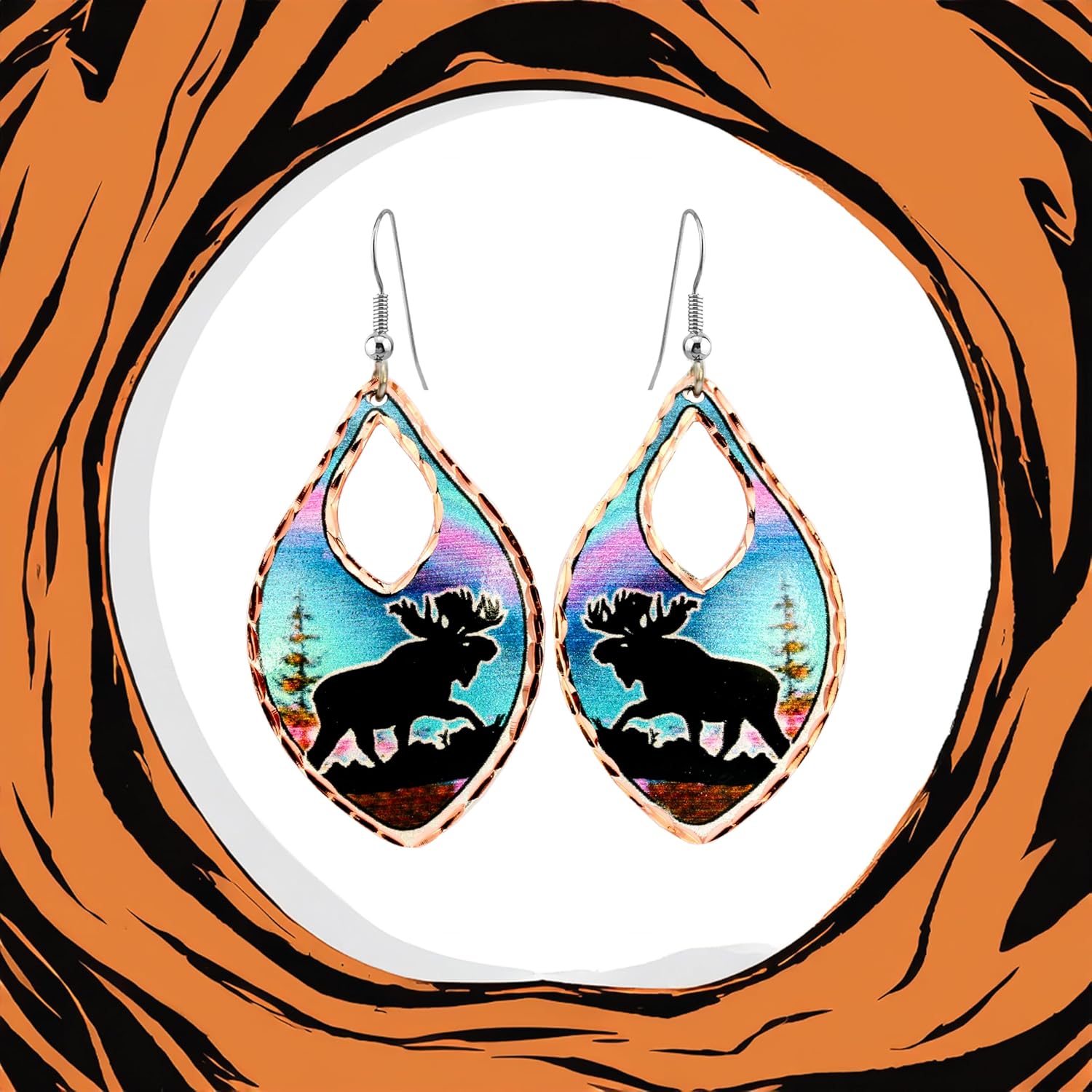 FRONT LINE JEWELRY Artisan-Crafted Moose Earrings for Women – Alaska Northern Lights Backdrop – Moose Jewelry – Unique Alaska Earrings – Moose Themed Gifts