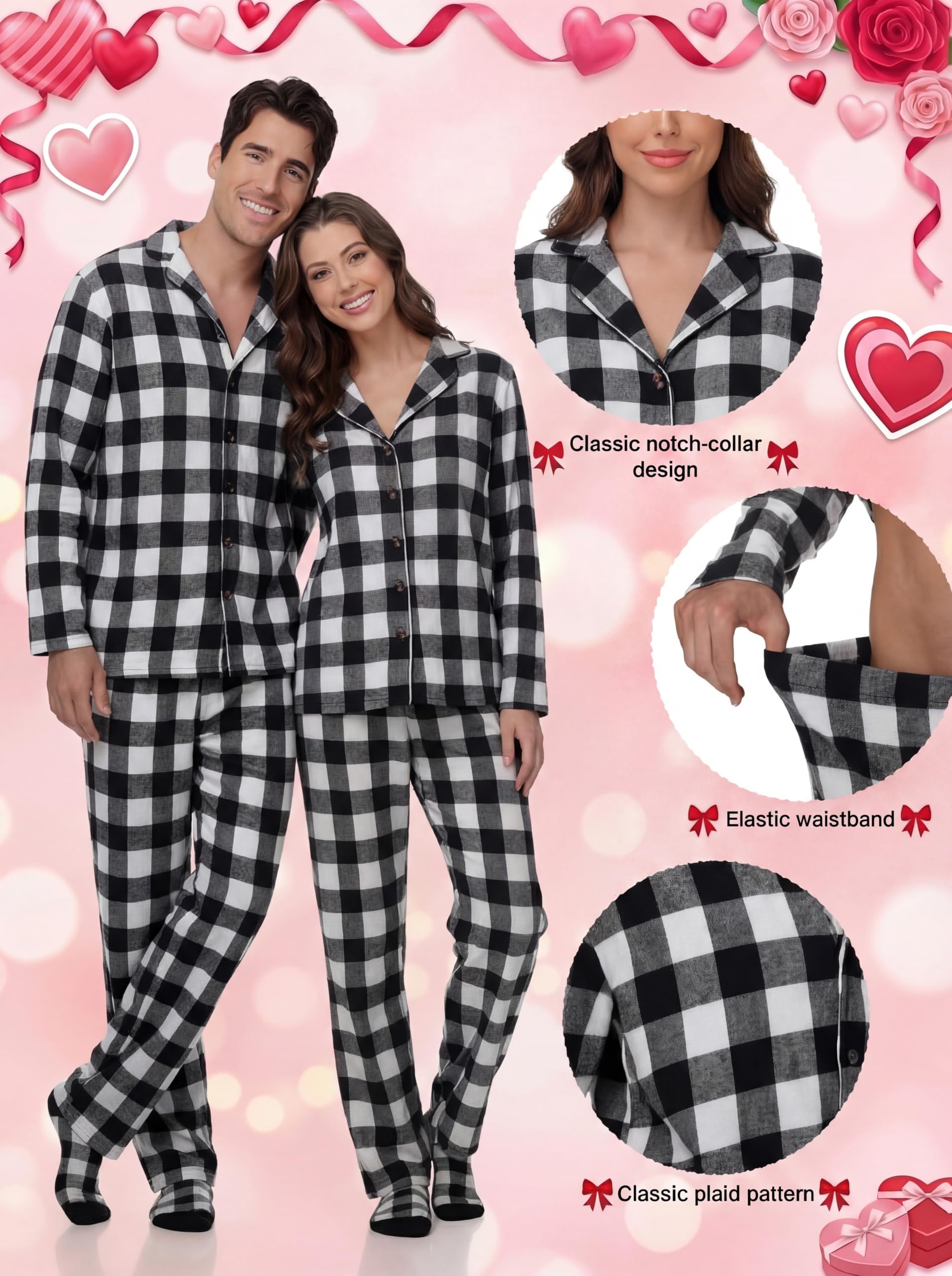 Liitrsh Conjunto de pijamas de Navidad a juego para parejas con calcetines, pijamas familiares a cuadros de manga larga con botones, ropa de descanso cálida