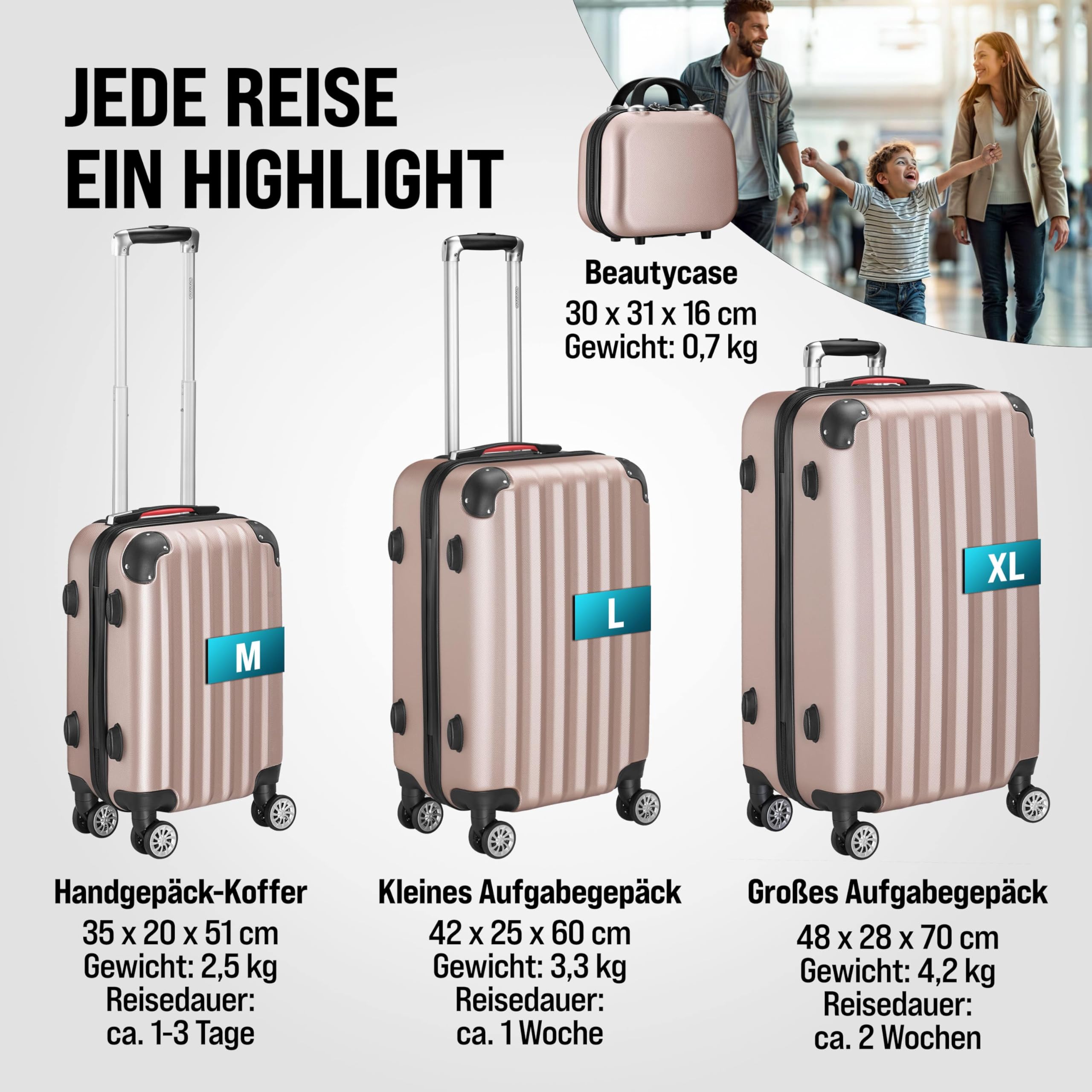 Monzana® 4tlg. Kofferset mit Beautycase, Rose - M-L-XL - inkl. Schloss, Organizer & Kofferwaage - Gurt Gel-Griffe, Zwillingsrollen, Standfüße, Trolley, Reisekoffer, Hartschalenkoffer, Gepäck-Set