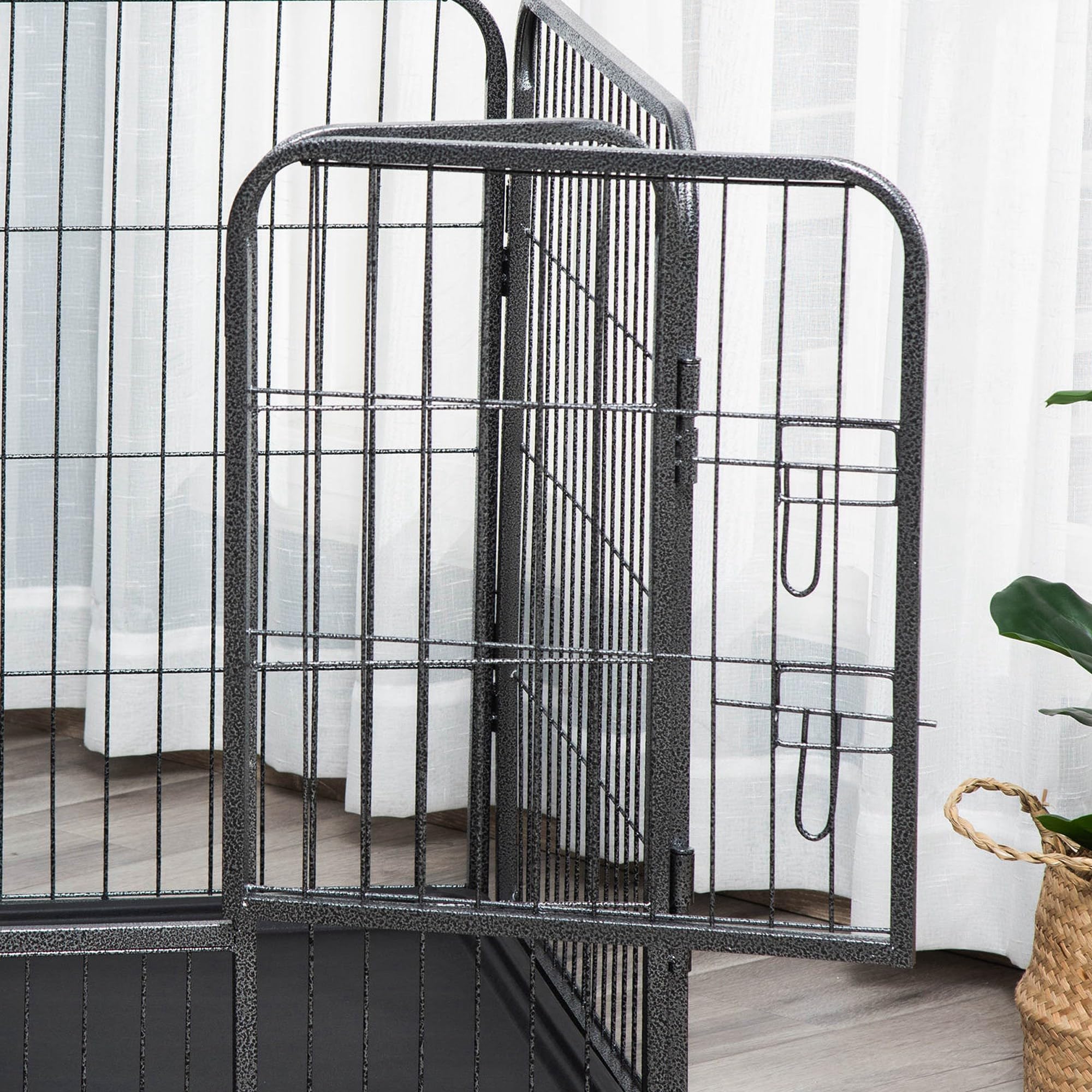 PawHut Box per Cani Recinzione in Metallo per Animali con 4 Pannelli, Porta con Doppio Blocco e Vassoio sul Fondo, 109x74x71cm, Grigio