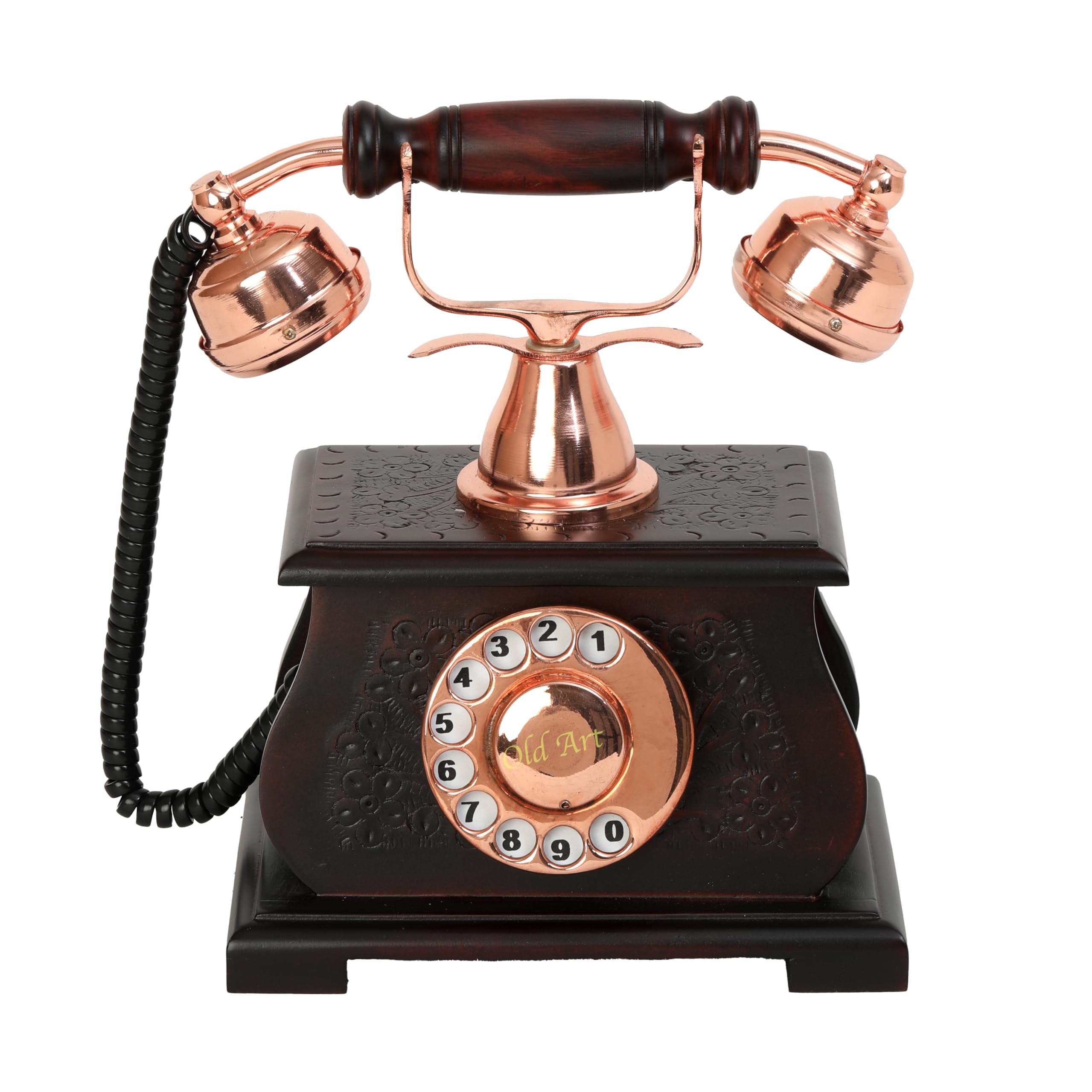 Vintage Collection Royal Brass and Wooden Carving Decorative Showpiece Telephone (Non Working) Decor Telephone only for showpeace-image-29