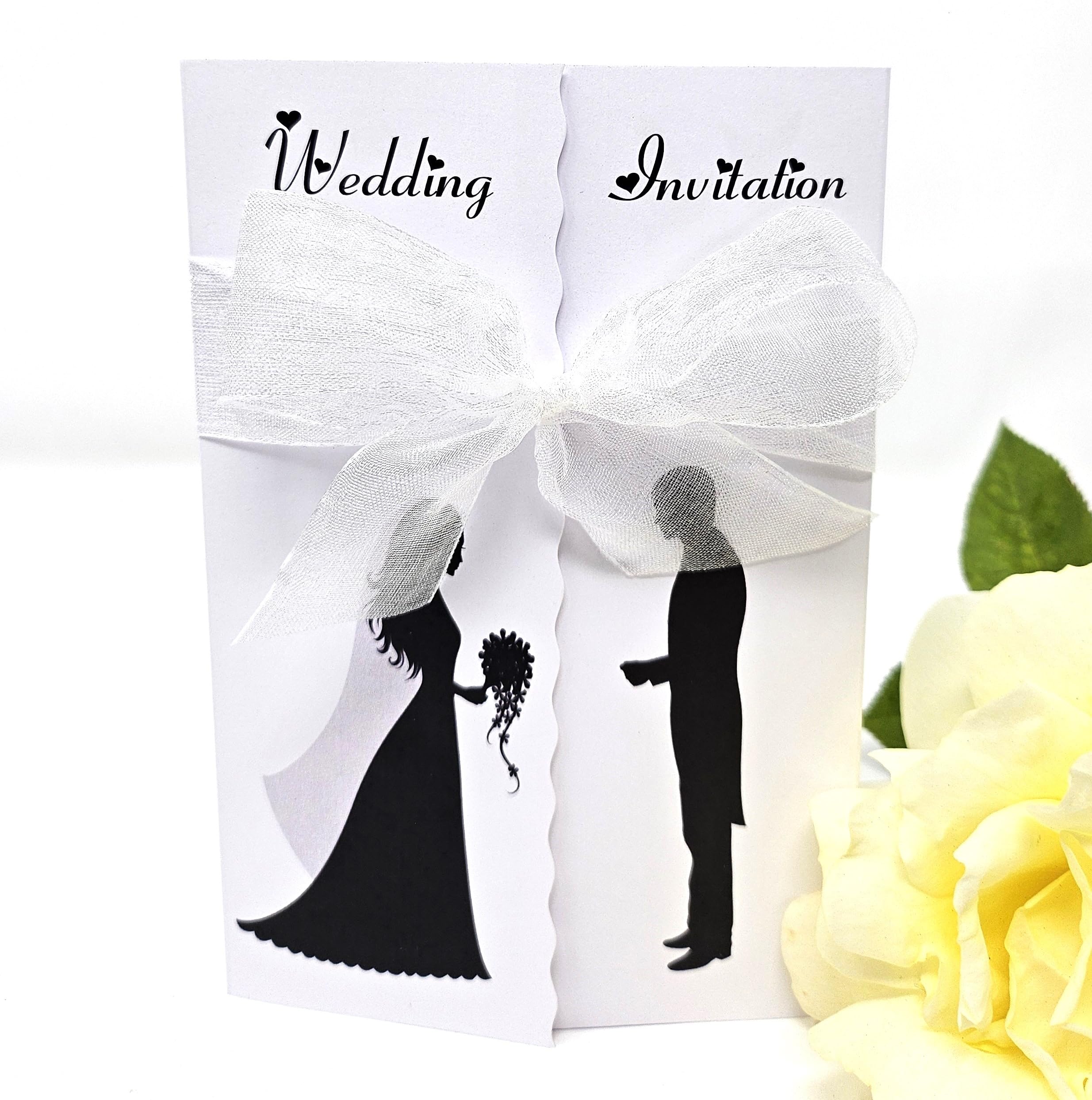 Pack of 10 Silouette Wedding Invitations with ribbon and envelopes- Gatefold style! (BLACK/WHITE)