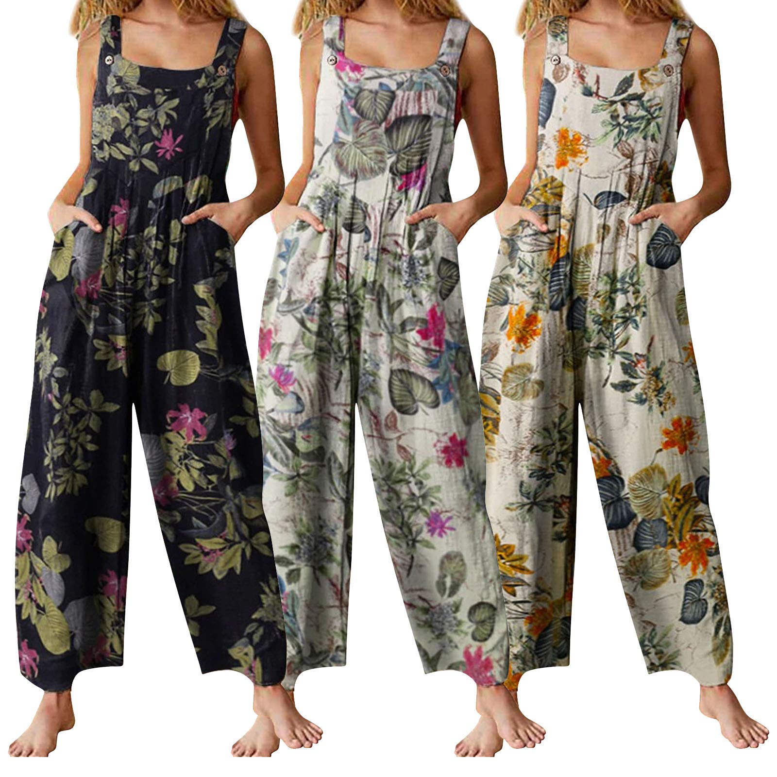 Carolilly Combinaison d'Été sans Manche pour Femme Pantalon Salopette Imprimée avec Poches Jumpsuit Chic et Élégant