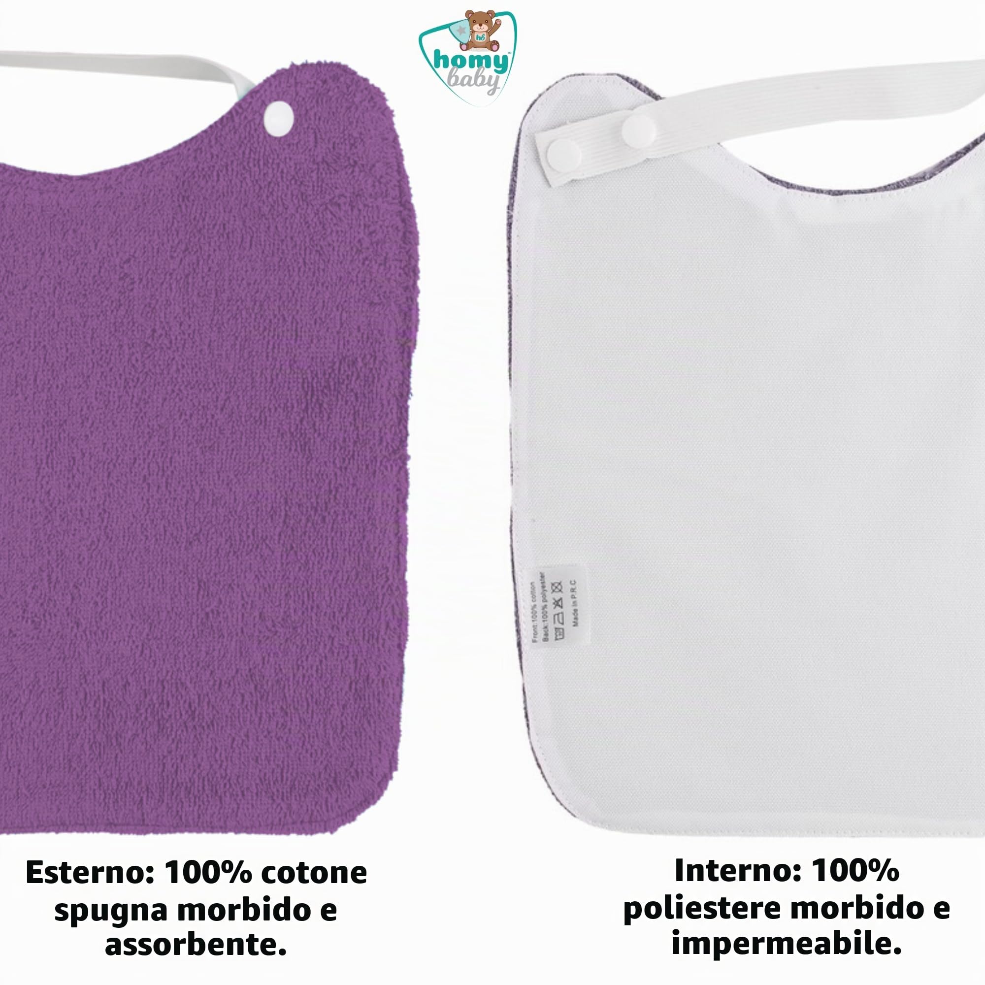 HOMYBABY® Set 5 Bavaglini Neonato Impermeabili con Bottoni per Asilo Nido