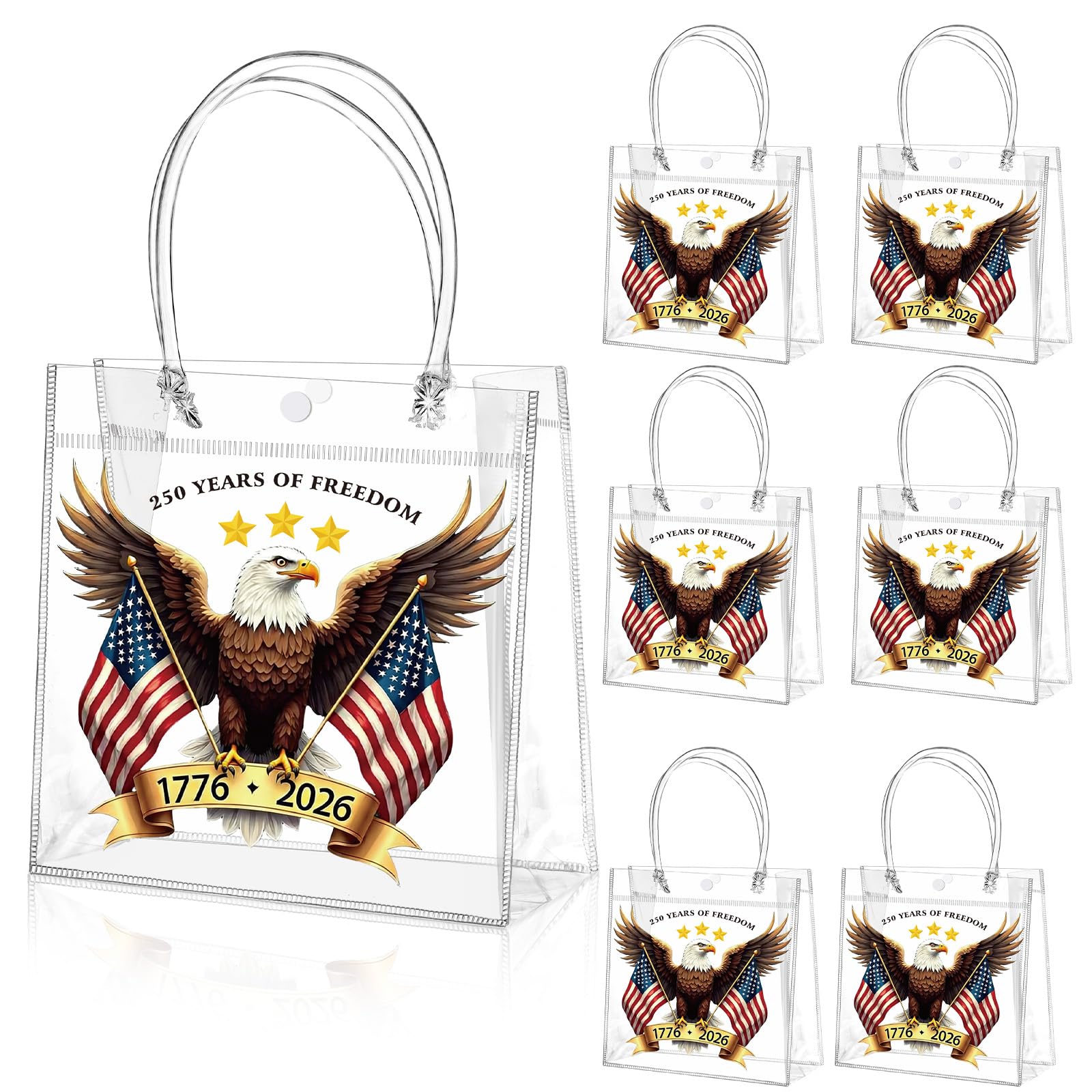 Teenyyou 24 Pcs 250th Anniversary Clear Gift Bags with Handles 4th of July Patriotic USA Eagle Transparent Tote Bags Memorial Day Goodie Candy Treat Gift Container for Independence Day Party Supplies