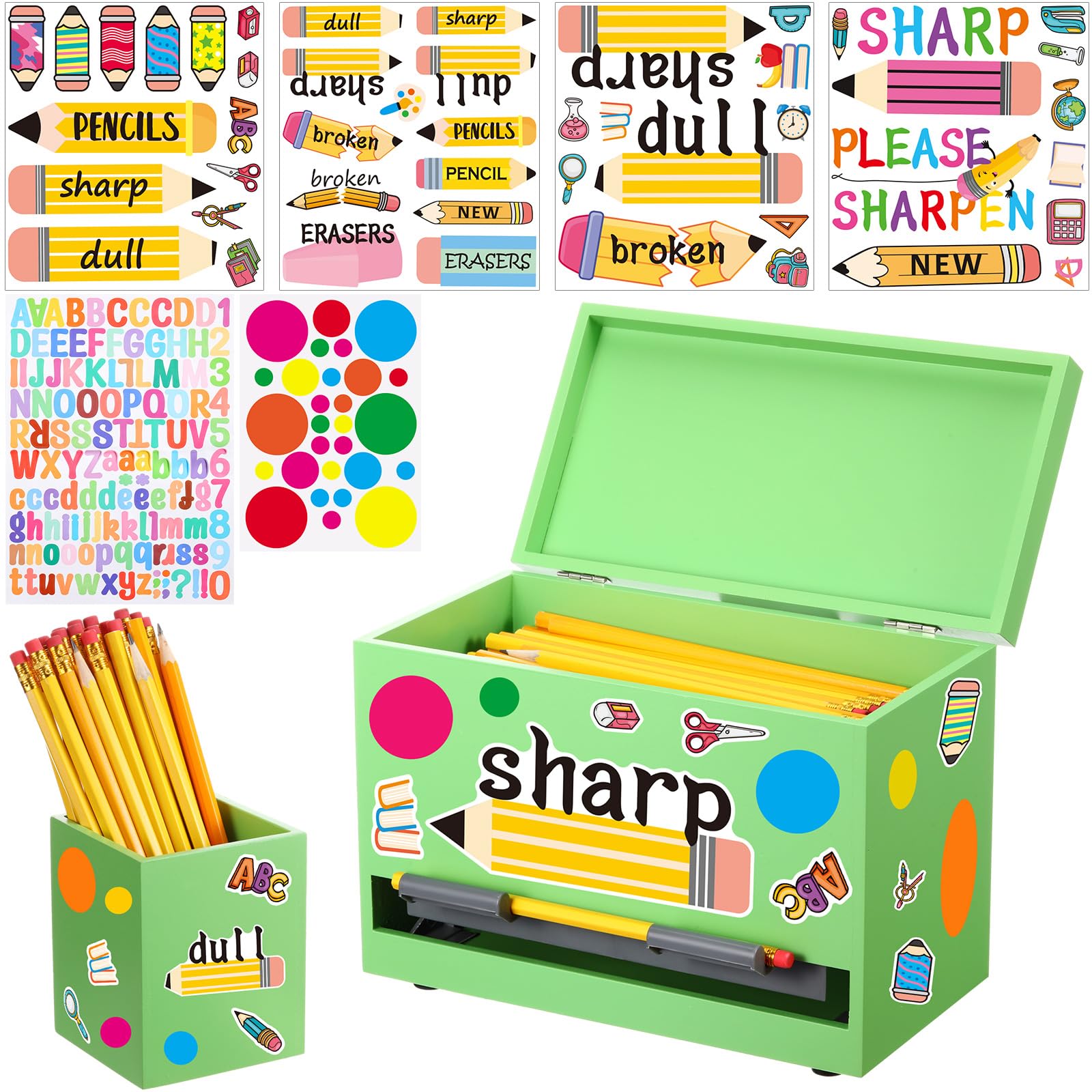 Mifoci Classroom - Dispenser per matite in legno, con etichette affilate e opache, colore: verde | Portamatite in legno, dispenser di cannuccia, per insegnanti, forniture per l'organizzazione del rientro a scuola