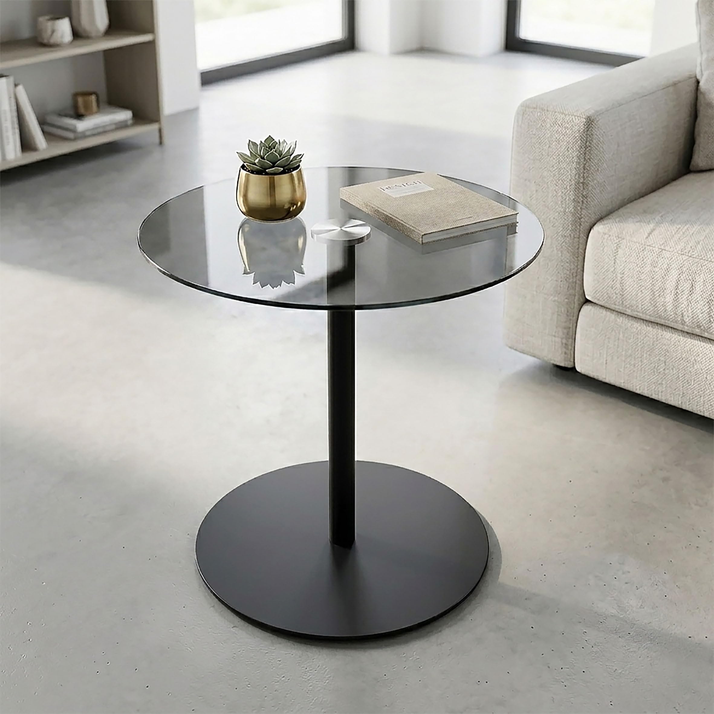 Spetebo Moderno tavolino rotondo in metallo con piano in vetro – 43 x 40 cm – elegante tavolino da caffè in design tavolo da bistrot – tavolo decorativo nero con robusto supporto per soggiorno e