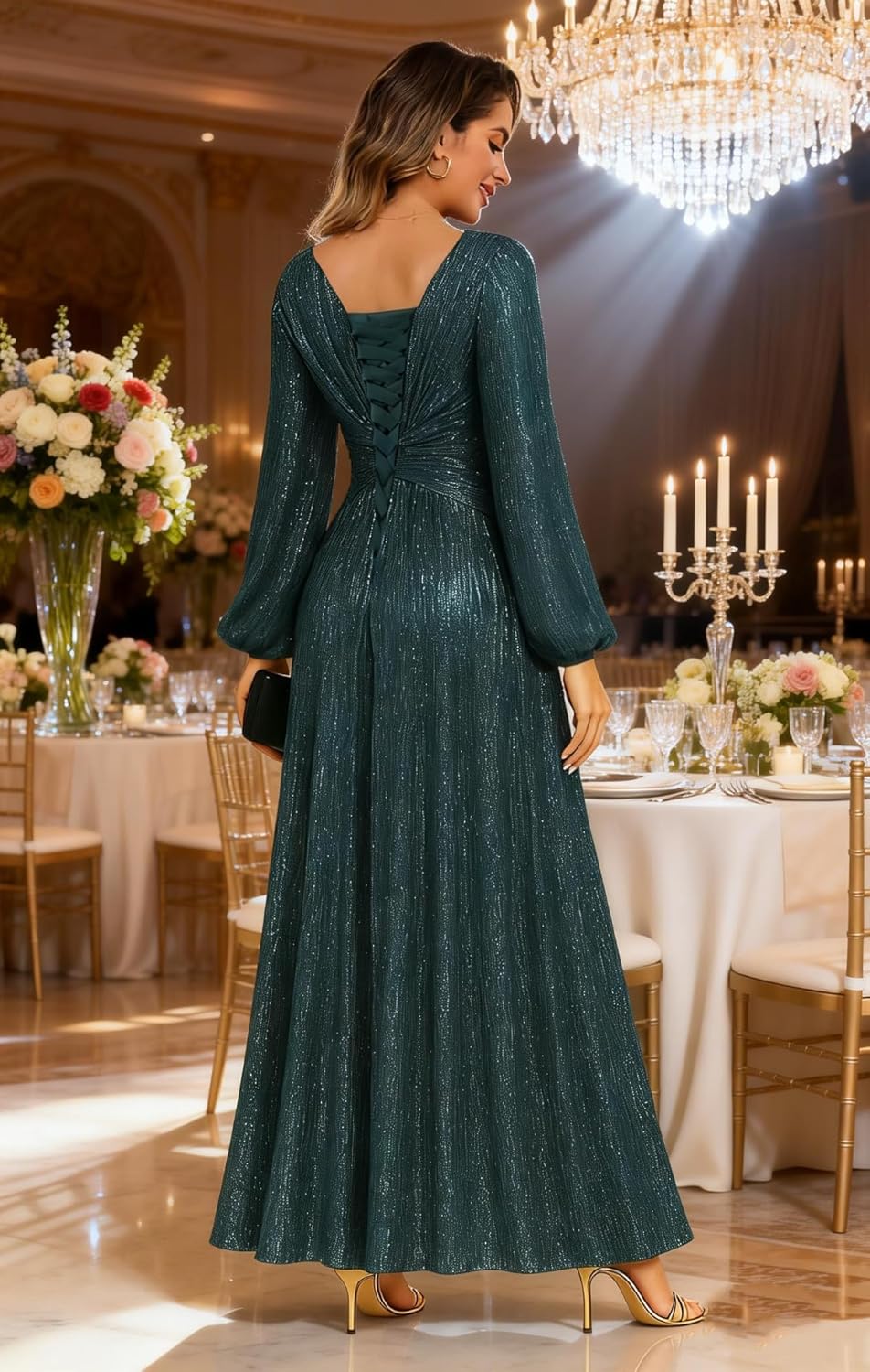 Verngo Glitter Tulle Prom Dresses for Women 2026 Long Sleeve A Line V Neck Formal Evening Cocktail Dress - Image 5