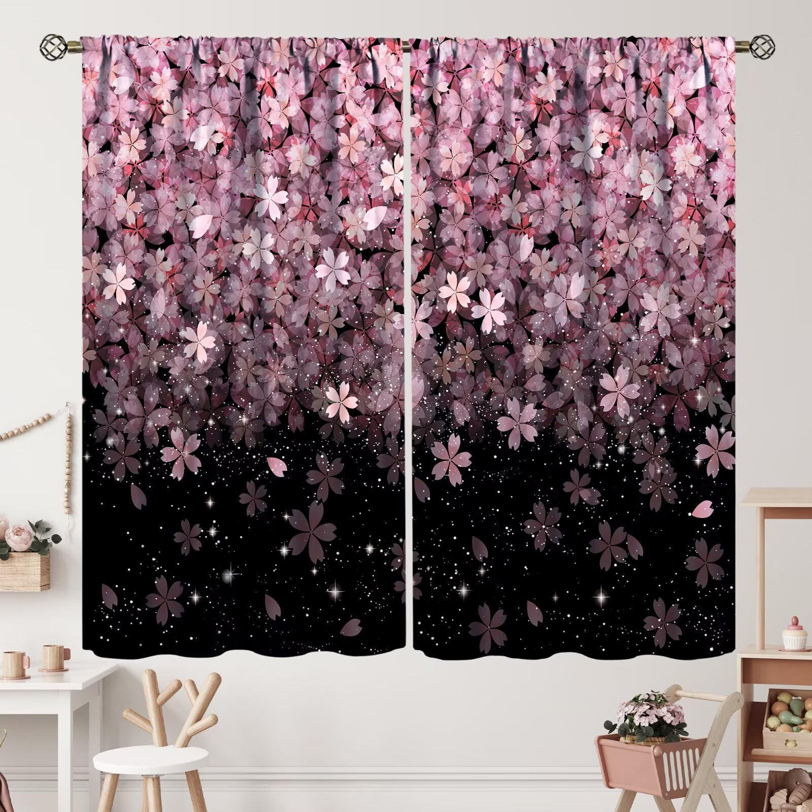 ZhiRain Floral Print Curtains Cherry Blossoms Pink Flowers Galaxy Starry Sky Curtain with Rod Pocket for Bedroom Living Room Home Decor Drapes Window
