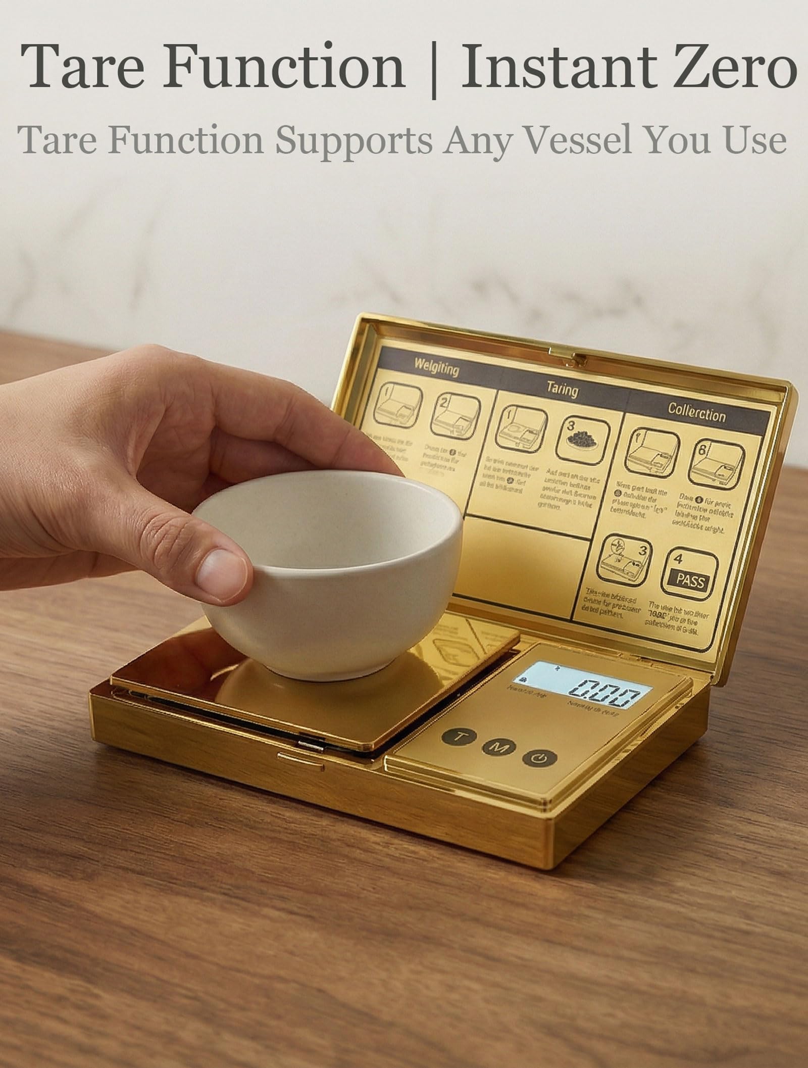 Báscula digital de bolsillo de 200 g/0,01 g, chapado en titanio dorado, pantalla LCD retroiluminada, mini báscula de joyería con 6 unidades, apagado automático, función de tara para