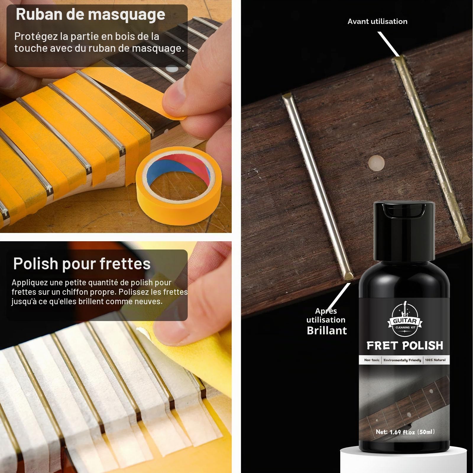 Kit de Nettoyage pour Guitare, avec Nettoyant pour Guitare, Huile pour Manche, Cire à Polir, Nettoyant pour Cordes, Cutter 3-en-1 et Chiffon en Microfibre