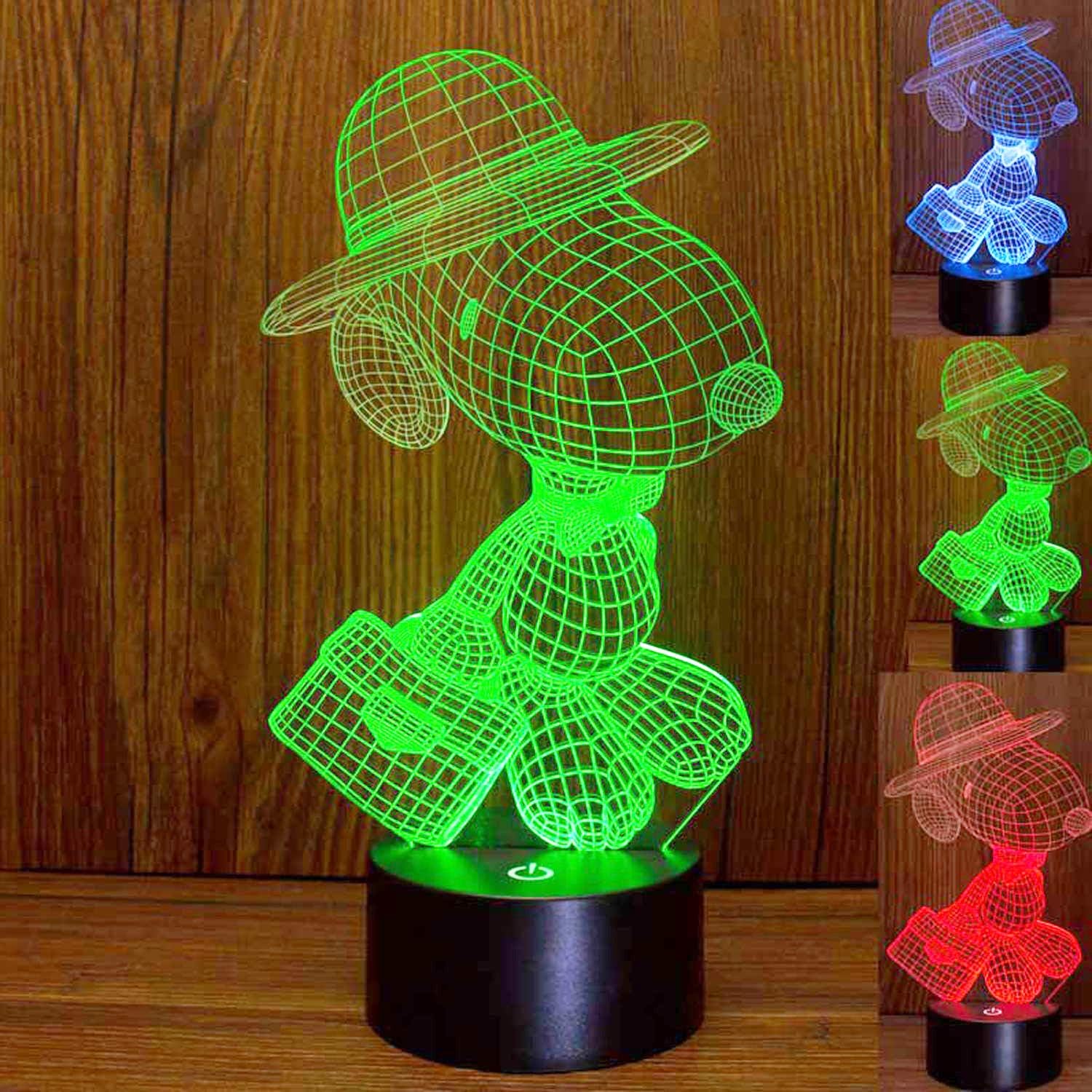 Snoopy Lamp 3D Optical Illusion Snoopy LED Nightlight Touch Switch Snoopy Desk Lamp with 7 Changing Colors, Acrylic Flat Lamp with USB Charger or Battery Base for Room Decoration or Festival Gifts
