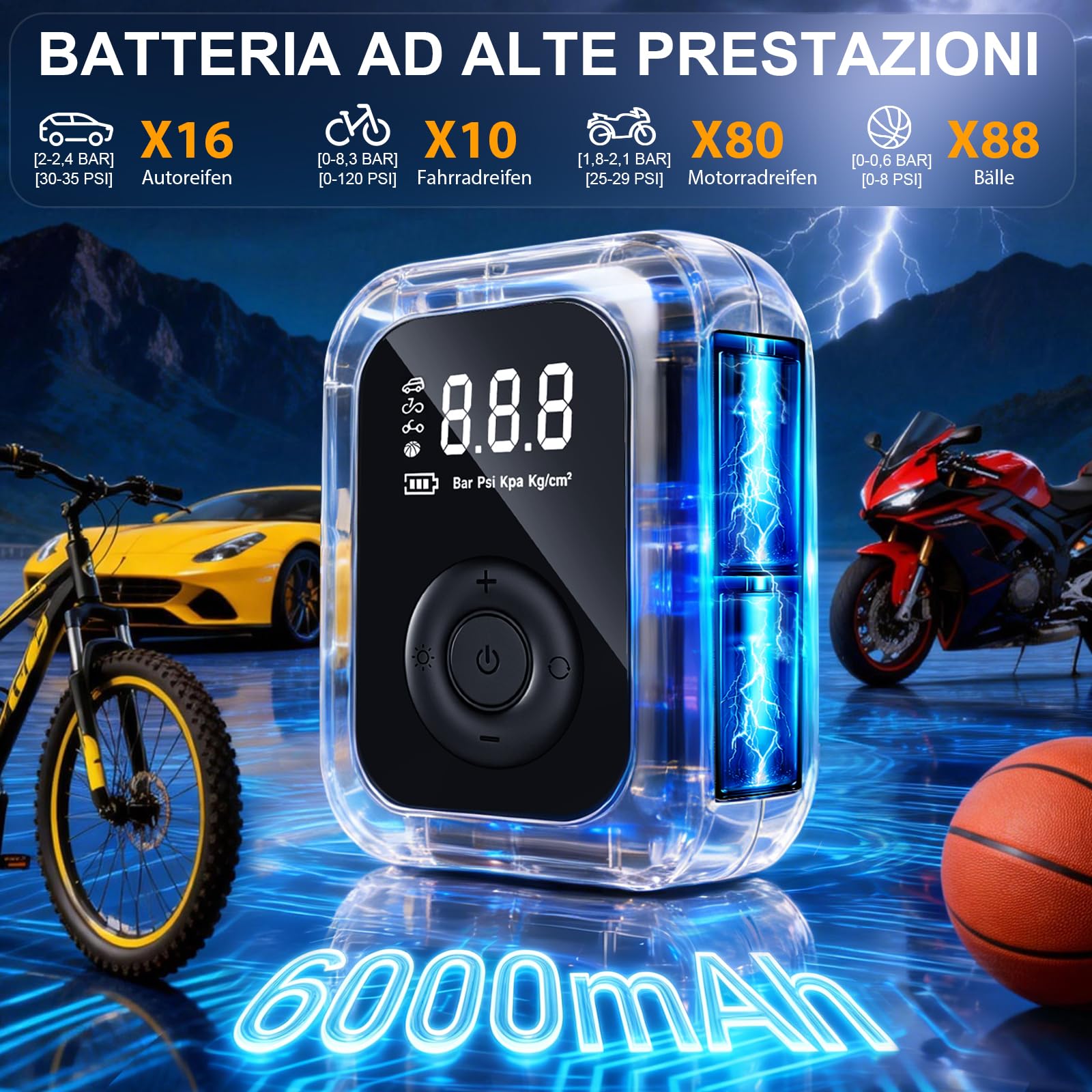 Compressore Aria Portatile,150PSI Pompa Elettrica per Bicicletta, Mini Compressore Bici con Schermo LED Digitale e Illuminazione LED,Gonfiatore Elettrico Portatile per Bici, Auto e Moto