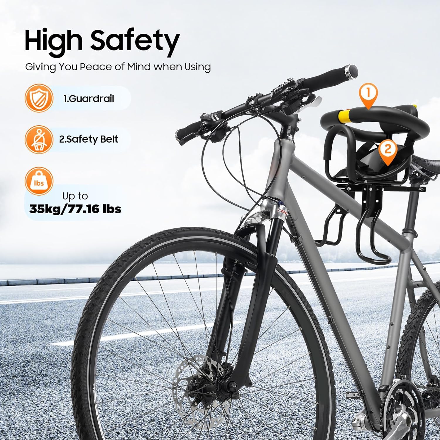 Siège de vélo avant pour enfant, siège enfant sûr avec harnais et barrières, capacité de charge maximale 35 kg, position d'assise réglable + hauteur de pédale, pour VTT ou vélo de route, vélos de vill