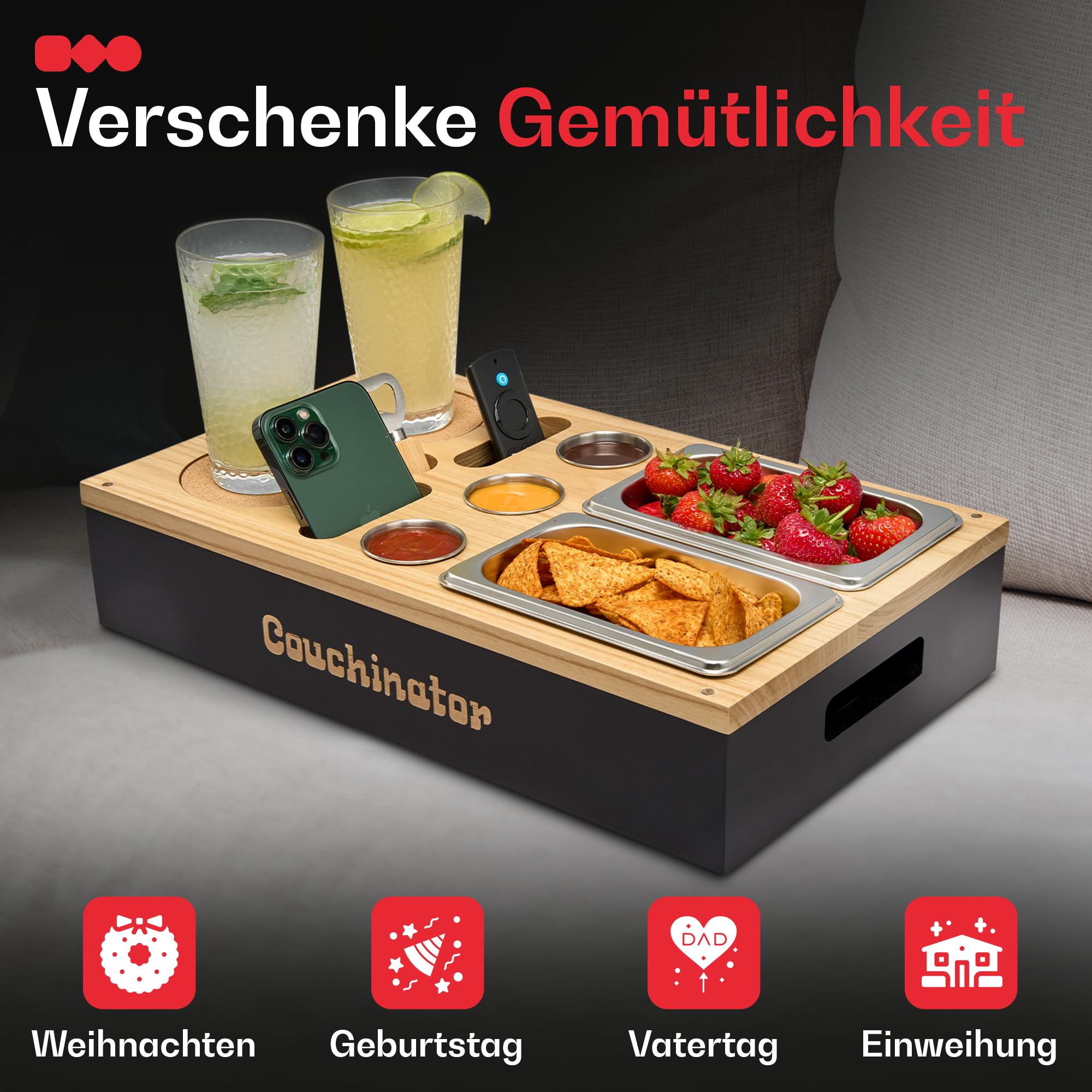 Premium Couchbar - Kiriholz - 3 Farben - 3 Dipschalen 2 Snackschalen 2 Untersetzer 1 Flaschenöffner, Snackbox Organizer Flaschenhalter - Sofa Butler Serviertablett (Schwarz mit Schriftzug)