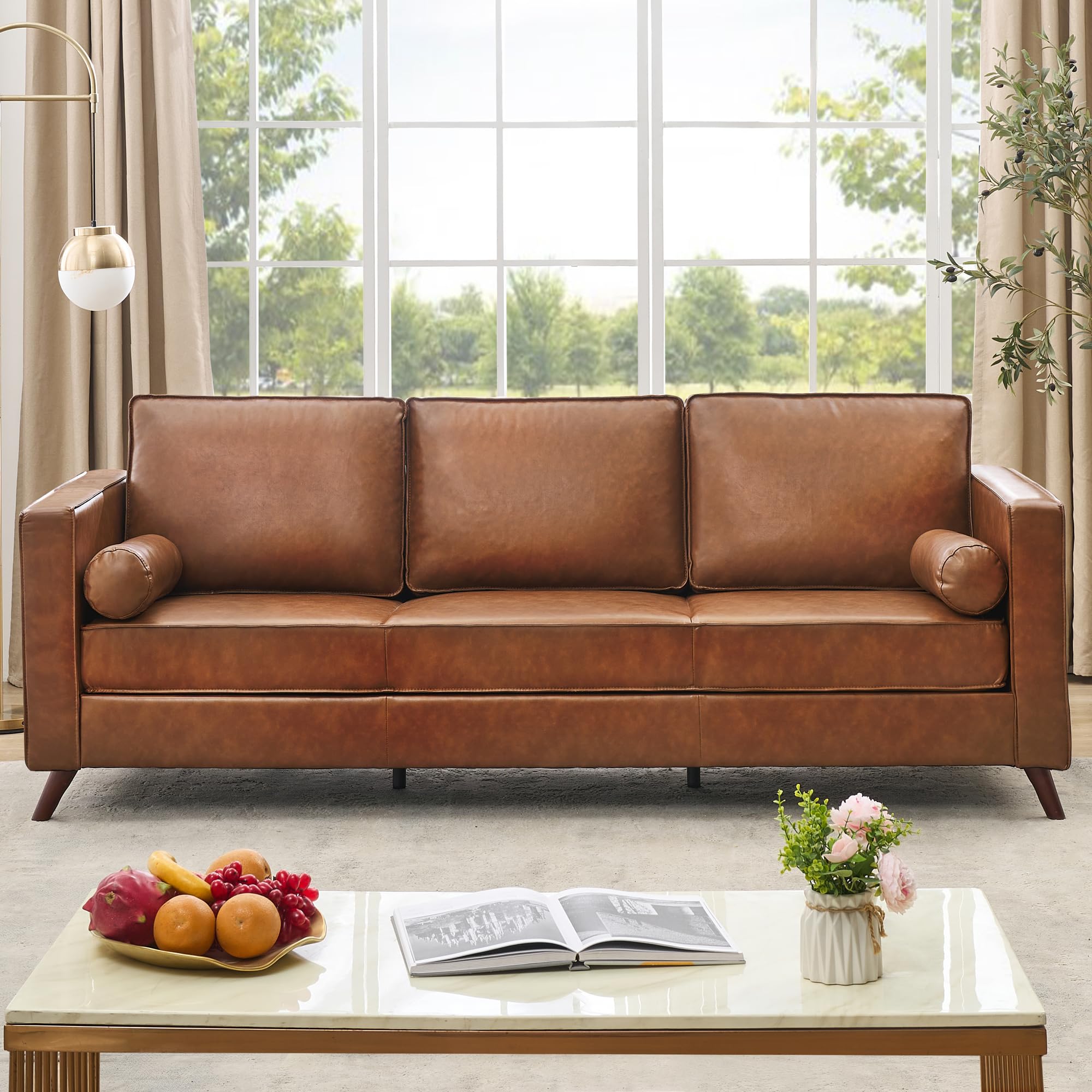 Garvee 81 in Leather Sofa, Mid-Century Modern Deep Seat Couch, Upholstered Cushion&Removable Cover, PU Couch, 3-Seat Sofa for Living Room, Office, Brown