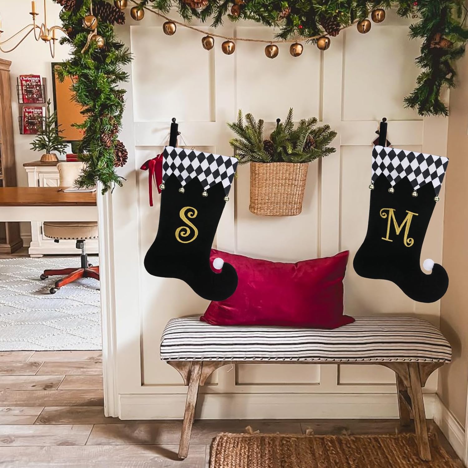 Personalized Elf Christmas Stocking - 19 Inch Black Velvet with Gold Monogram, Checkered Cuff & Bells, Fireplace Decor J - Image 4