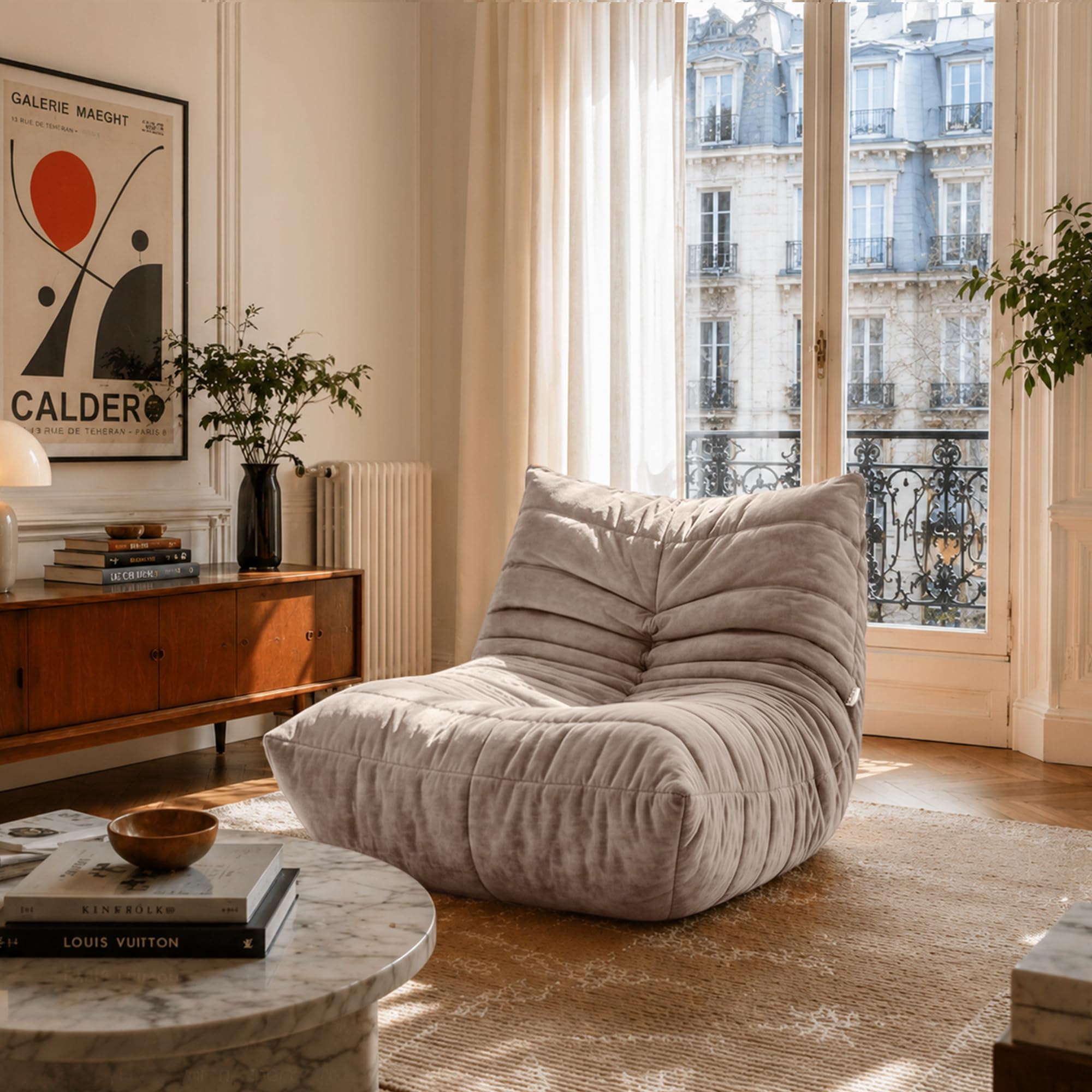 Icon Enzo Chaise de Sol, Tissu Chenille, Gros Pouf avec Remplissage, Fauteuil Pouf, Fauteuil Salon Confortable, Chaise Chambre, Meuble Salon, Beige