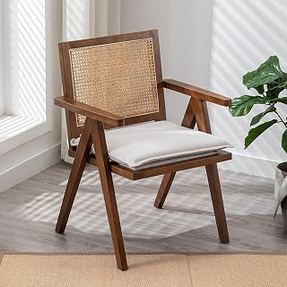Wahson Rattan Dining Chairs Upholstered Kitchen Chairs in Linen Side Chair with Solid Wood Legs, Modern Armchair for Dining Room/Cafe, Walnut