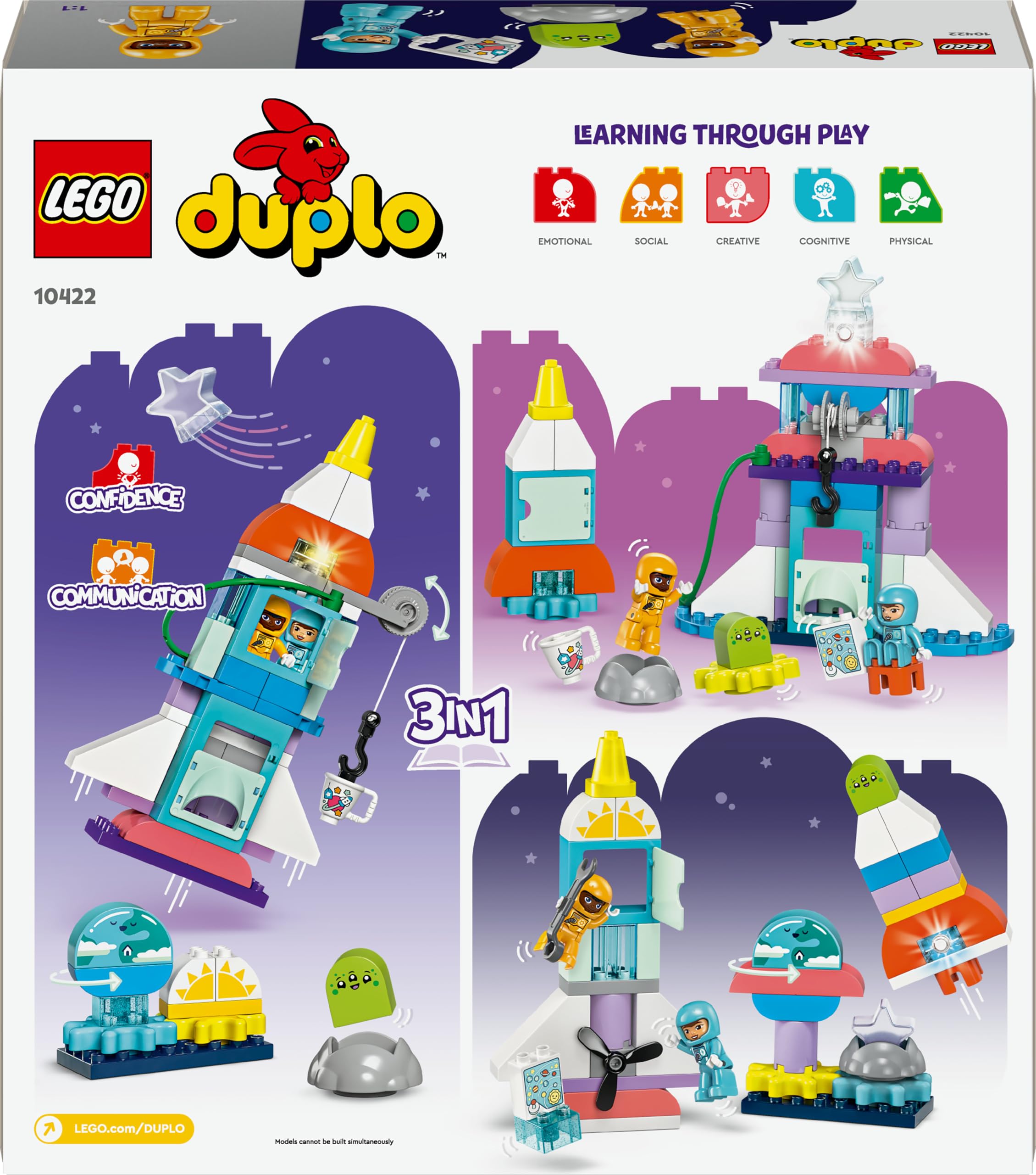 LEGO Duplo L'Aventure en Navette Spatiale 3-en-1, Jouet de Construction de Fusée, Jeu Éducatif et Scientifique pour Enfants Dès 3 Ans, Développement de la Motricité Fine 10422