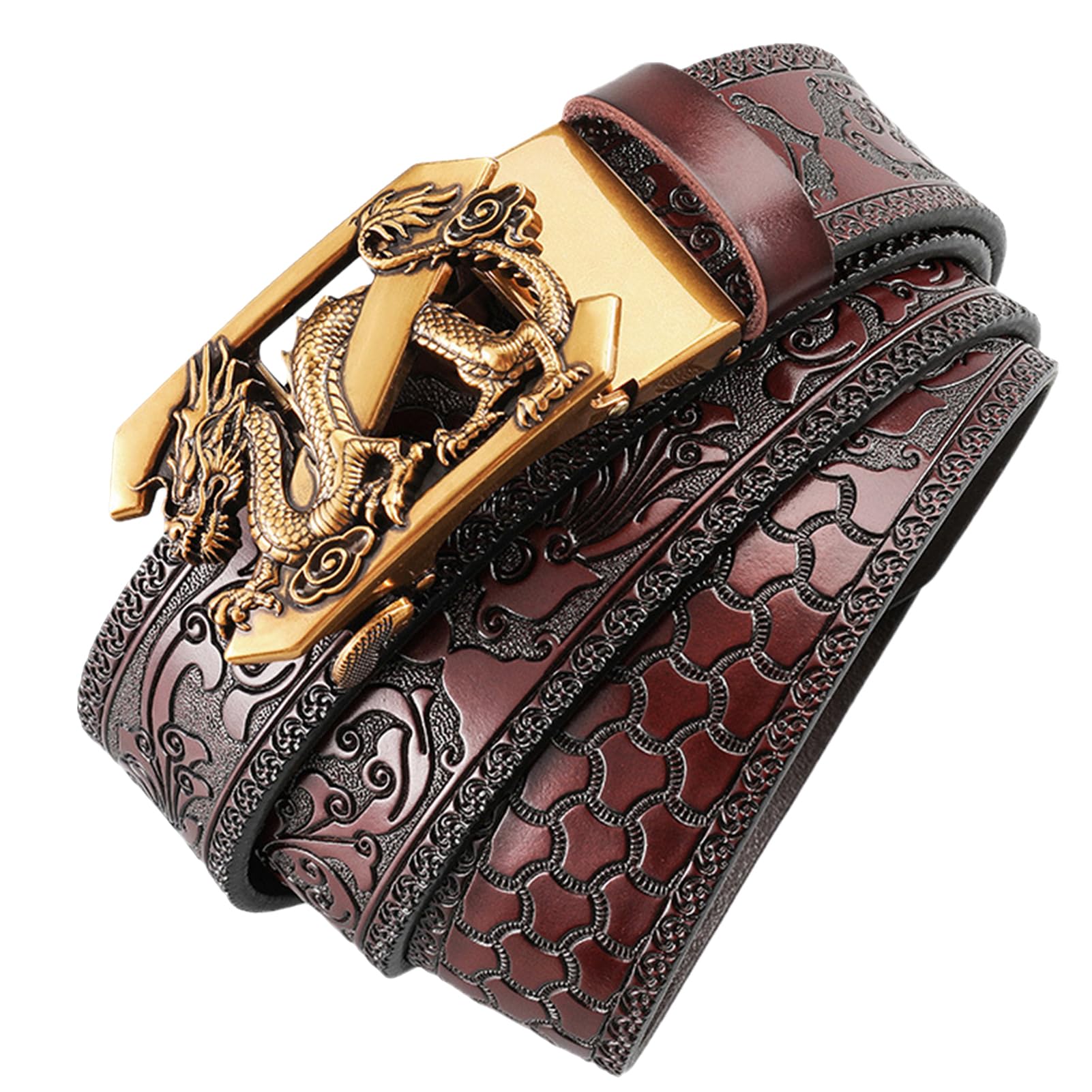 pasek, Paski kowbojskie w stylu western, tłoczone, ze skóry naturalnej, złotą klamrą kształcie smoka, do spodni jeansowych, szerokość 35 mm(Coffee,110cm/waist:36"~38")
