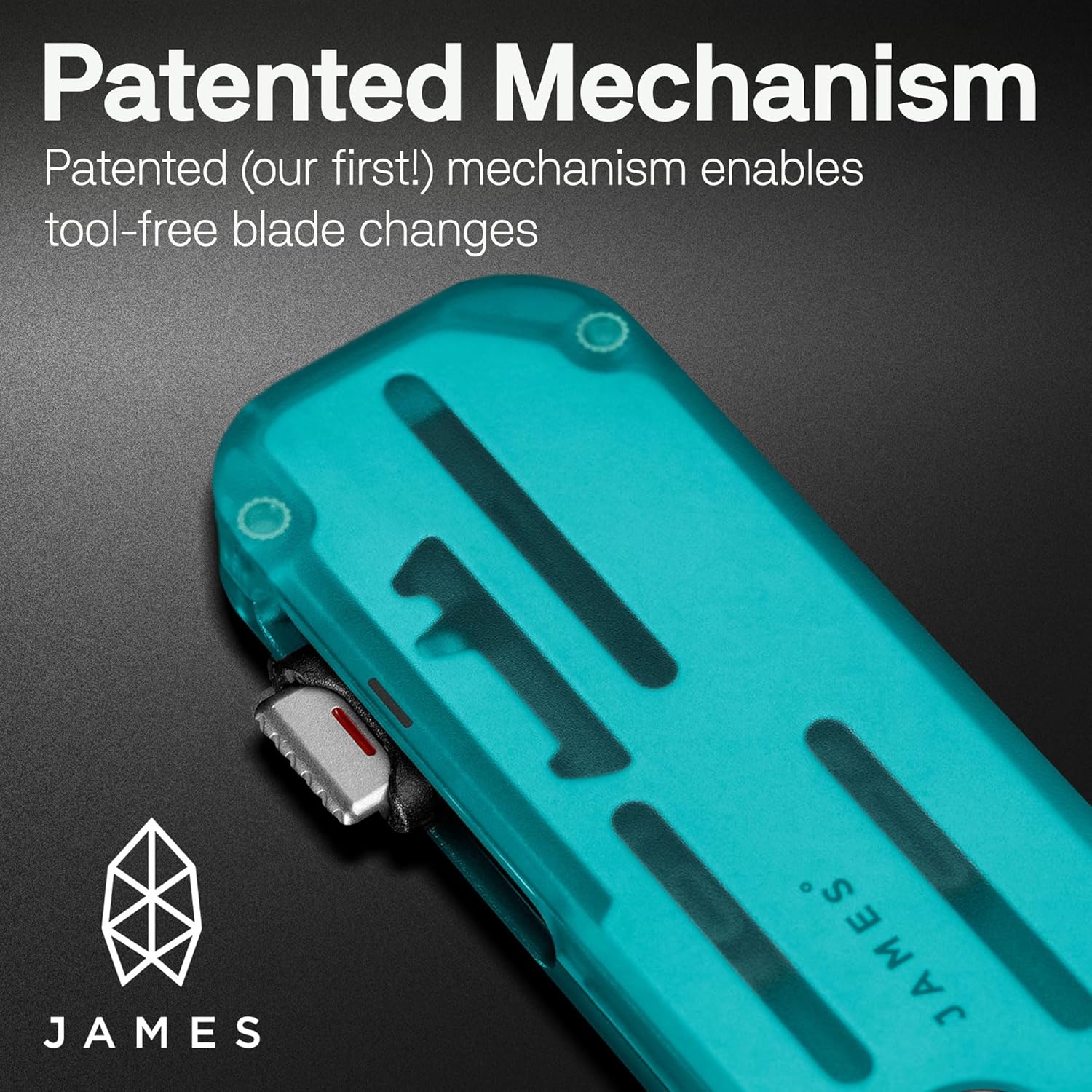 JAMES° The Palmer Clear Utility Knife, 100% Recycled PCTG Handles, Buttery Smooth Action, Refined Tool Free Blade Changes, Turquoise Grip