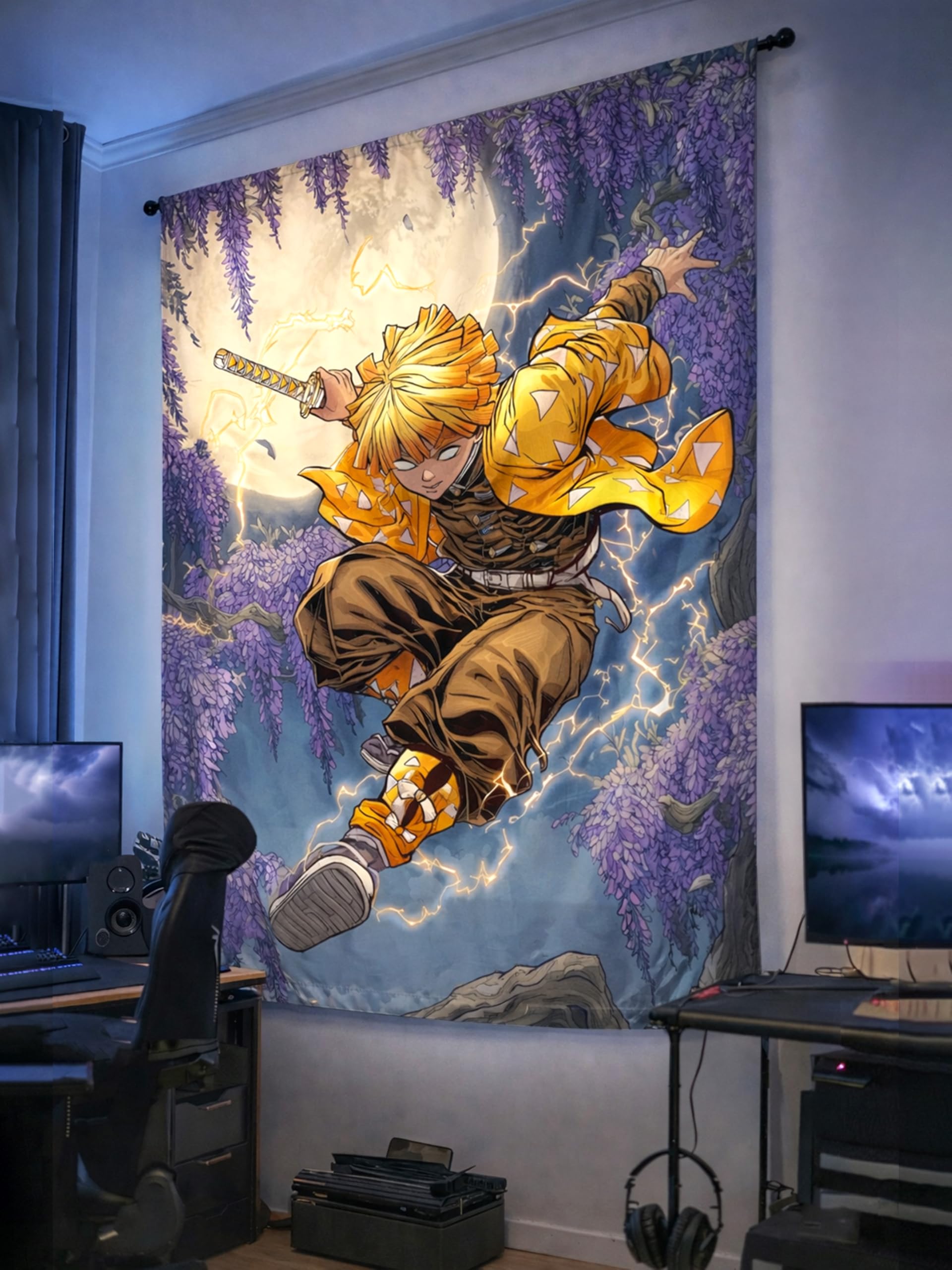 ComicSense.xyz Thunder Warrior Printed Anime Tapestry, Anime Theme Backdrop for Wall Hanging Home Decor Bedroom Living Room - 84 X 58 Inches-image-1