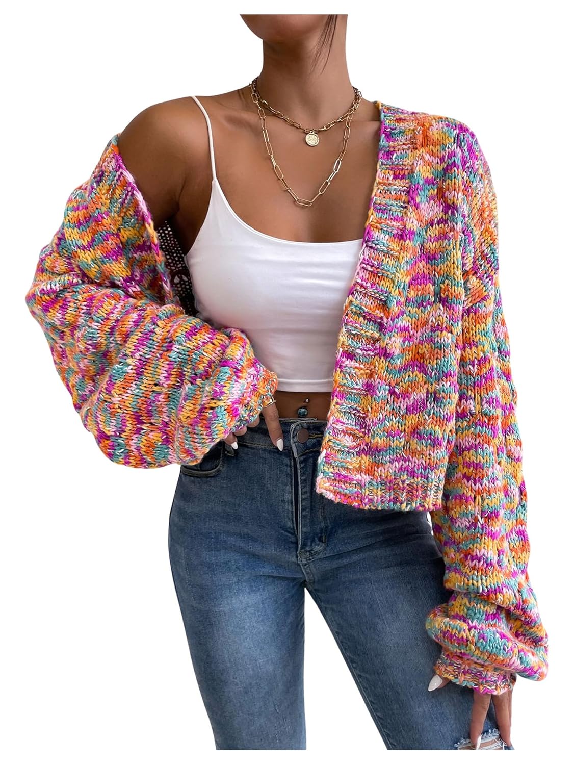 SHENHE Womens Cropped Cardigan Open Front Long Sleeve Ribbed Knit Sweater