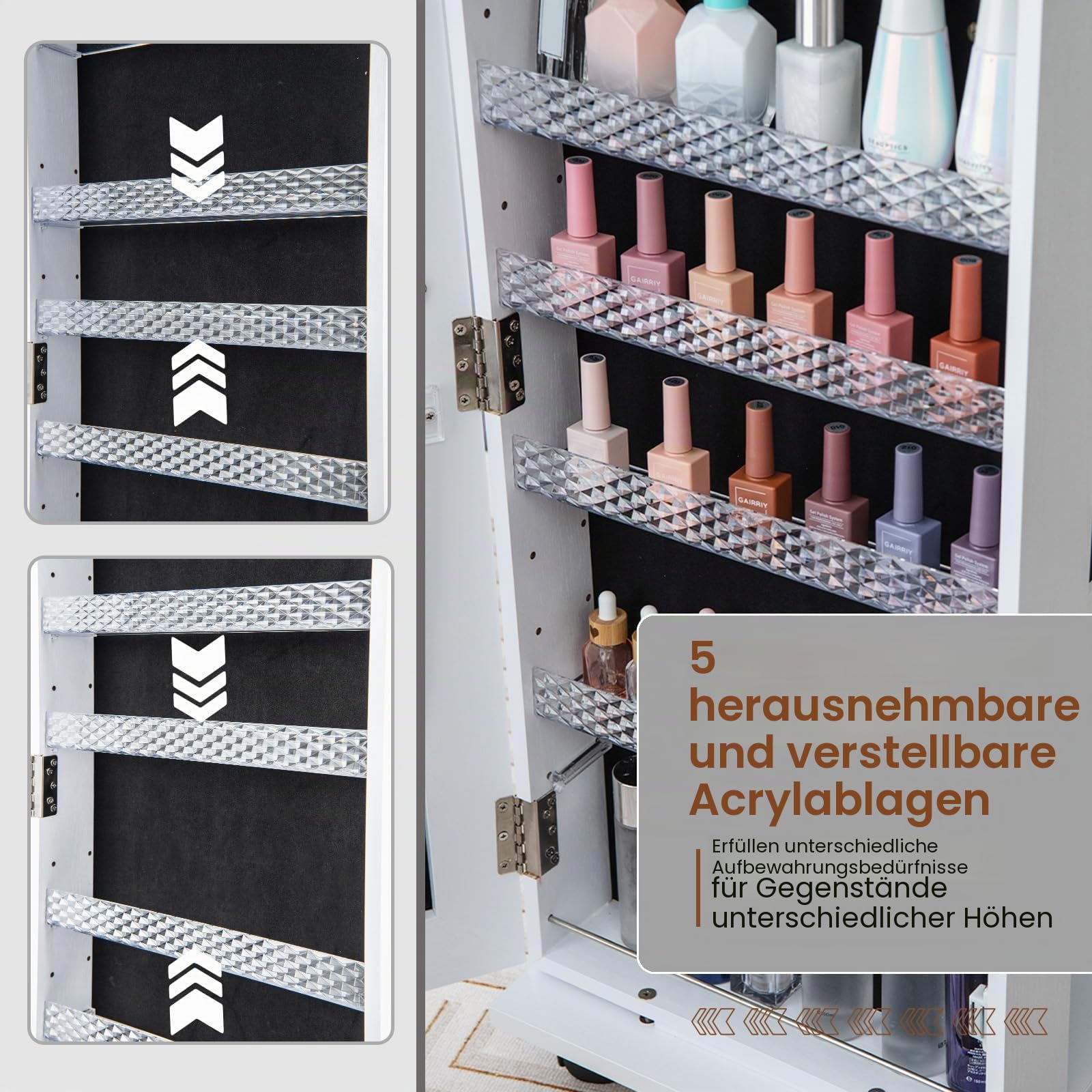 HOMASIS Schmuckschrank mit Rollen, drehbarer Spiegelschrank mit 3 farbigen LED-Lichtern & verstellbaren Regalen, stehender Schmuckspiegel für Halsketten Ohrringe Kosmetika (Weiß)