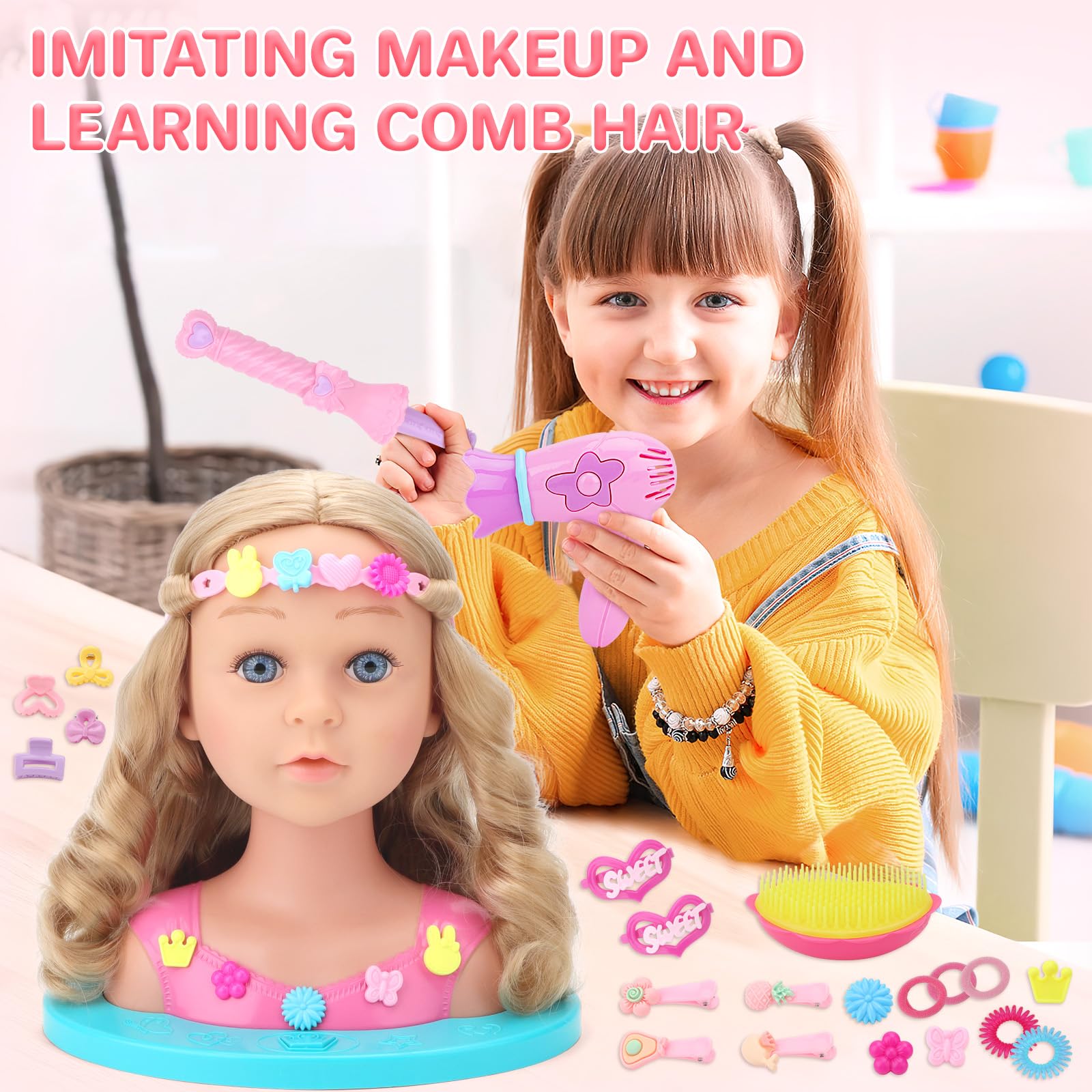 deAO Muñeca para Peinar, Juguete De Cabeza De Estilo con Luces, Muñeca para Peinar y Maquillar con Accesorios, Princess Make-Up and Hairdressing Head, Set Peluqueria Juguete Niña
