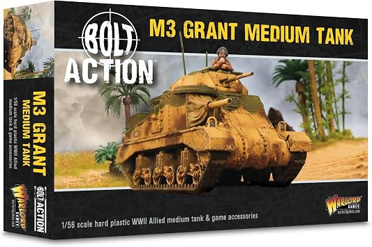 Wargames Delivered - Warlord Games - M3 Grant Medium Tank 1/56 Scale with British WWII Model Kit for Bolt Action & Achtung Panzer with Decals, Stat Card, and Damage Markers