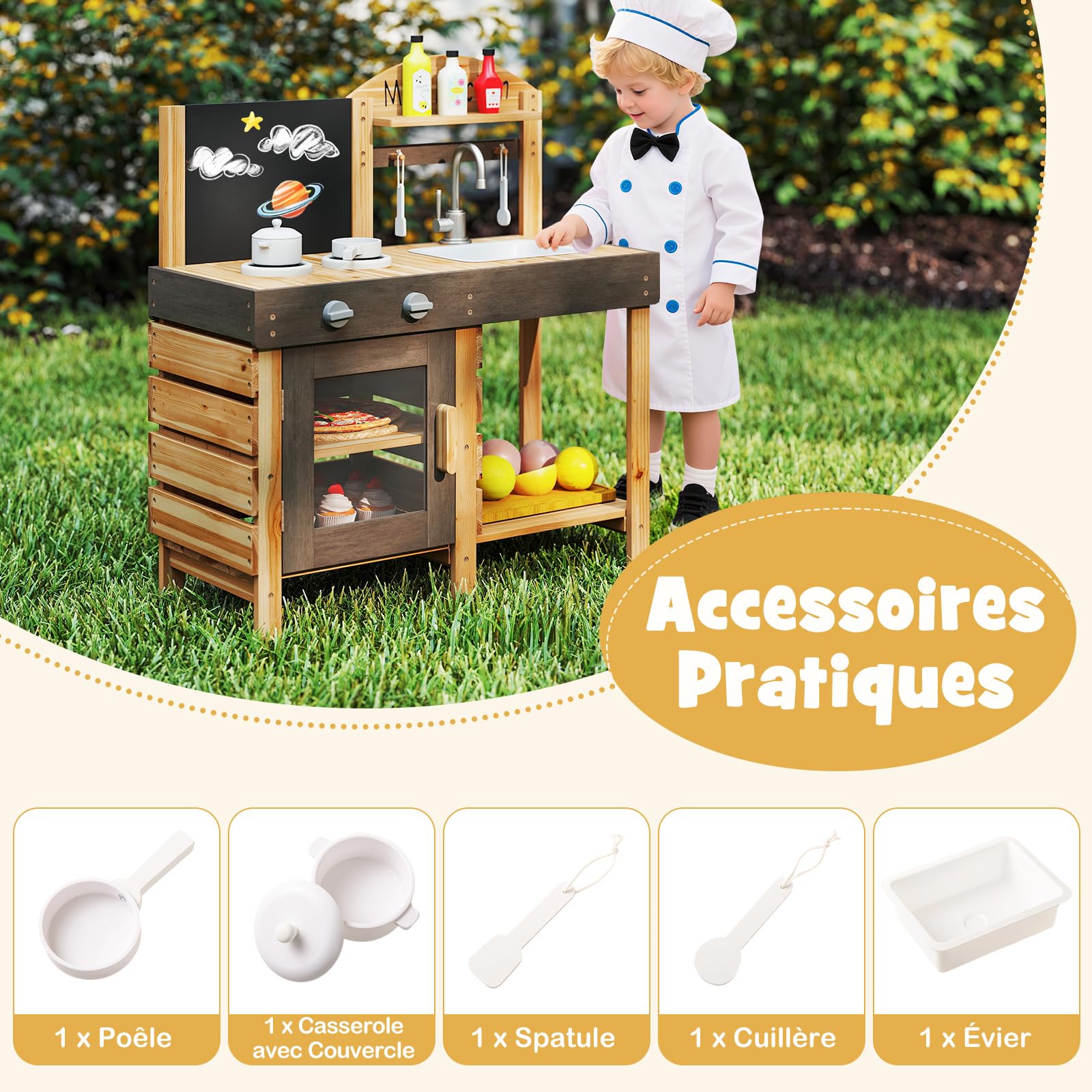 COSTWAY Cuisine Extérieure Enfant avec Tableau Noir & Four, Cuisine de Boue en Bois avec Évier & Robinet, 5 Accessoires, Étagère de Rangement, Jouet de Simulaiton pour Enfant de 3 Ans+