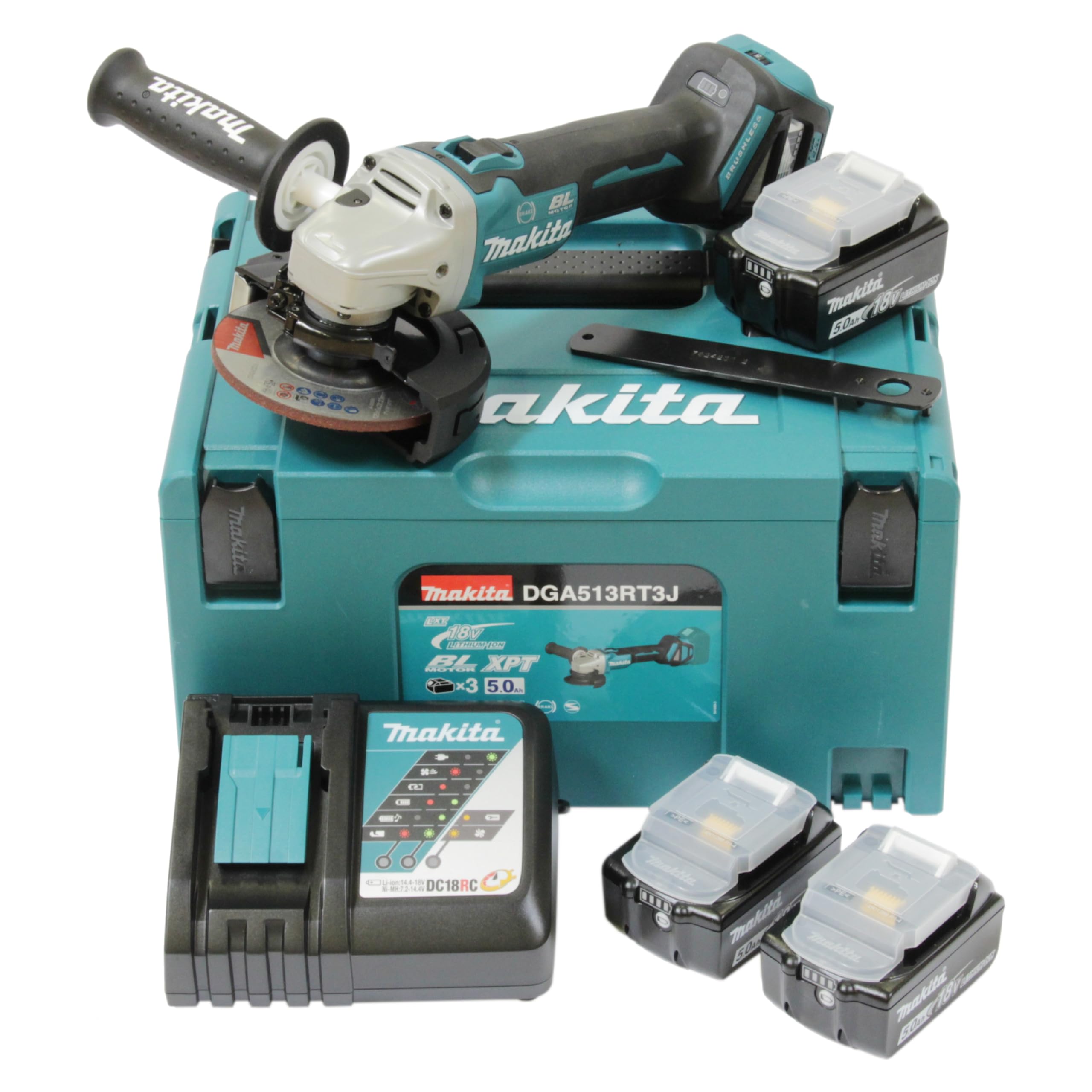 Makita DGA513RT3J akumulatorowa szlifierka kątowa 18 V z szybką ładowarką DC18RC, 3 x akumulatory 5,0 Ah w MAKPAC rozm. 3