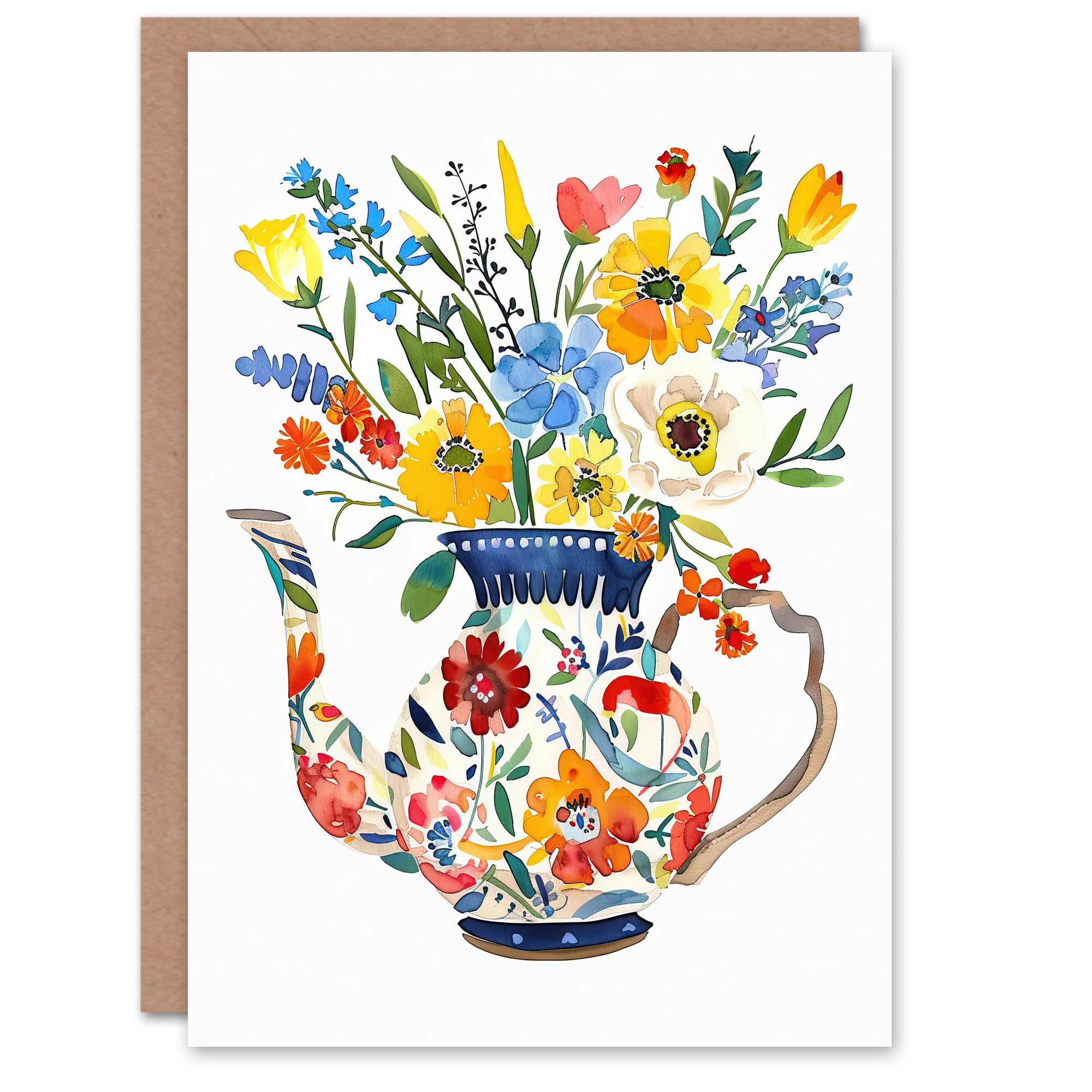 Artery8 Greeting Card Colourful Flower Bouquet in Floral Teapot Vase For Her Woman Birthday Card